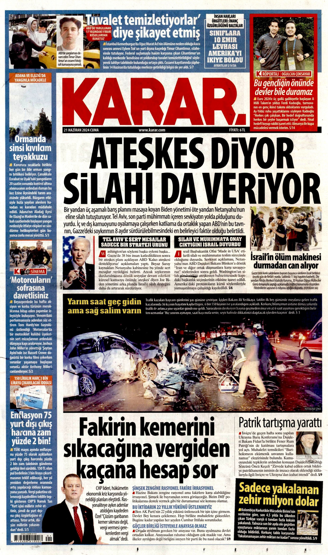 KARAR gazetesinin 21 Haziran 2024 tarihli birinci sayfası