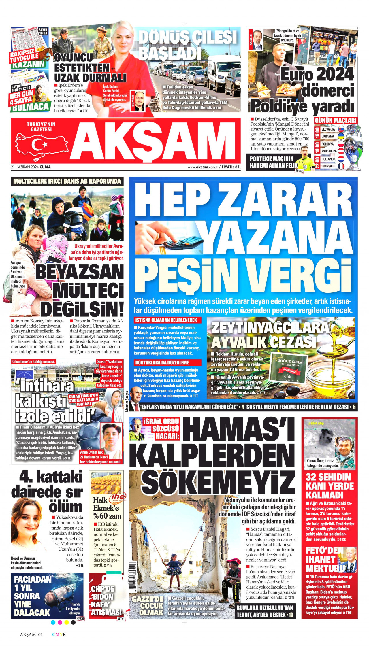 AKŞAM gazetesinin 21 Haziran 2024 tarihli birinci sayfası