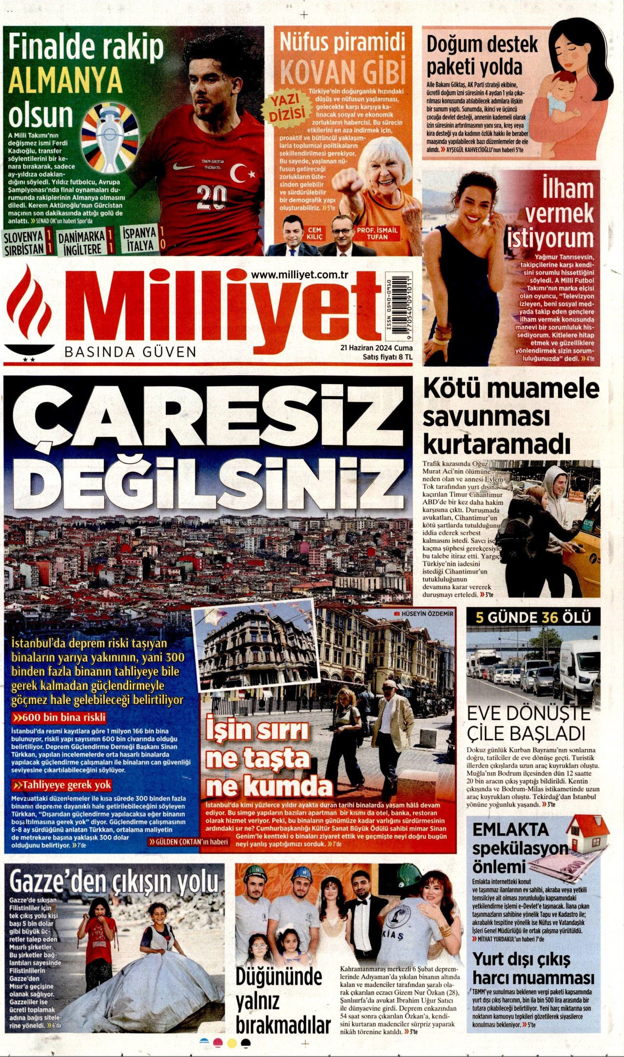 MİLLİYET gazetesinin 21 Haziran 2024 tarihli birinci sayfası