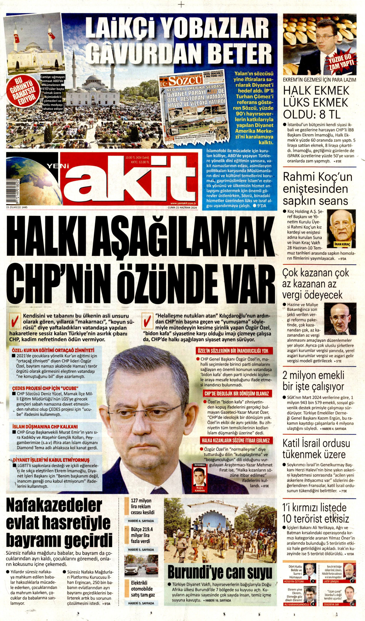YENİ AKİT gazetesinin 21 Haziran 2024 tarihli birinci sayfası