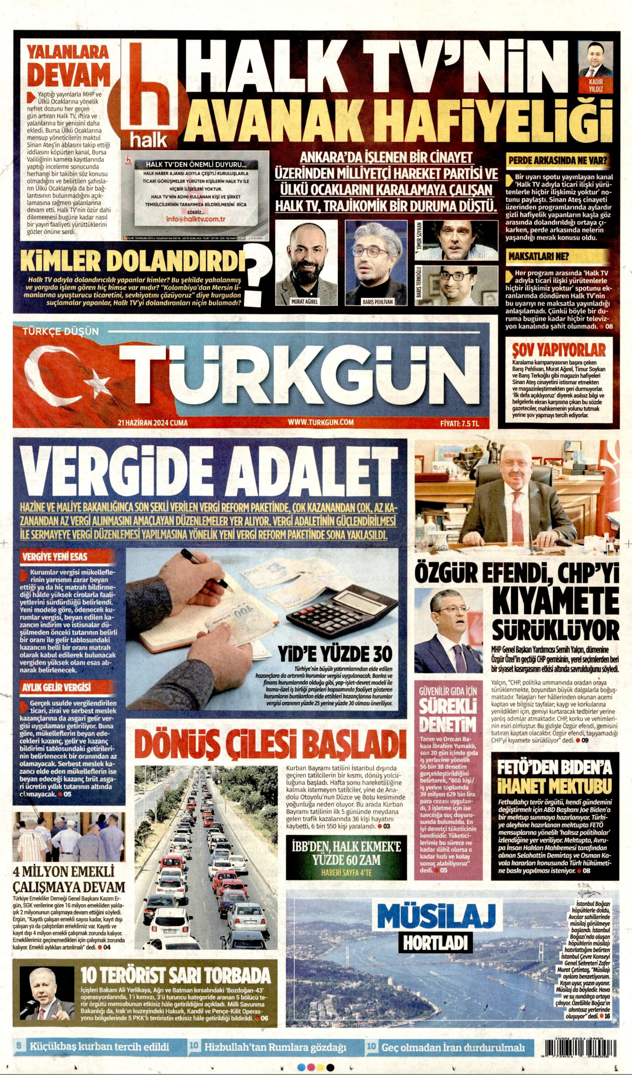 TÜRKGÜN gazetesinin 21 Haziran 2024 tarihli birinci sayfası