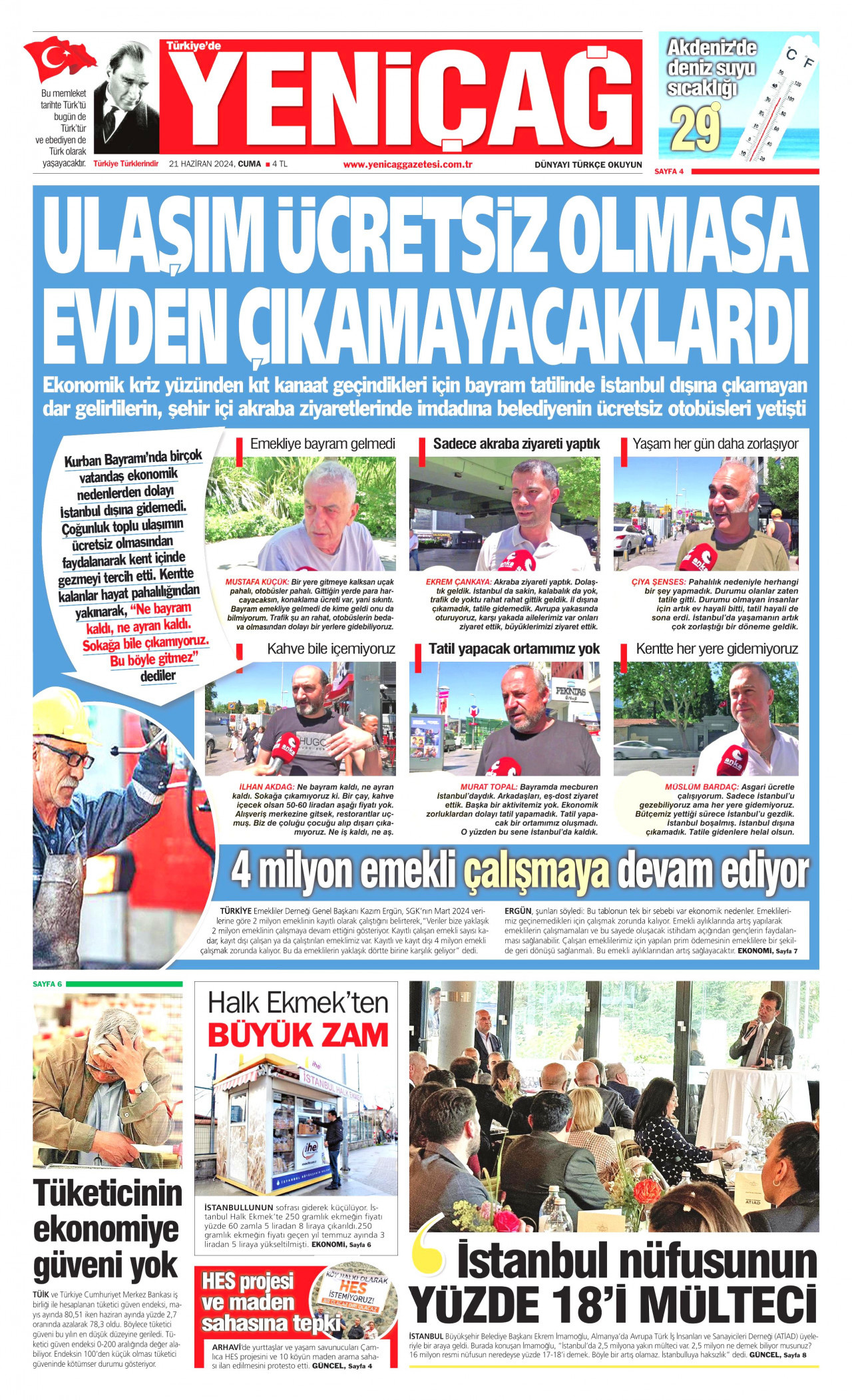 YENİÇAĞ gazetesinin 21 Haziran 2024 tarihli birinci sayfası