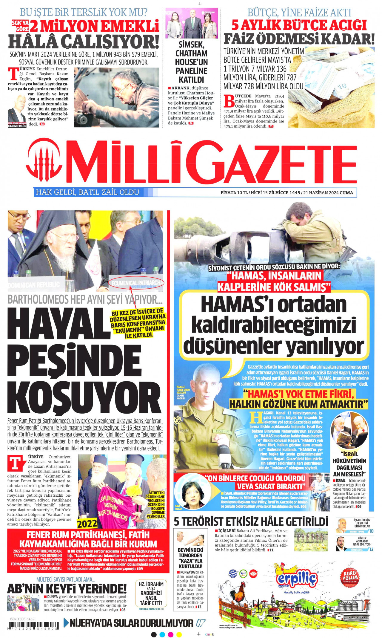 MİLLİ GAZETE gazetesinin 21 Haziran 2024 tarihli birinci sayfası