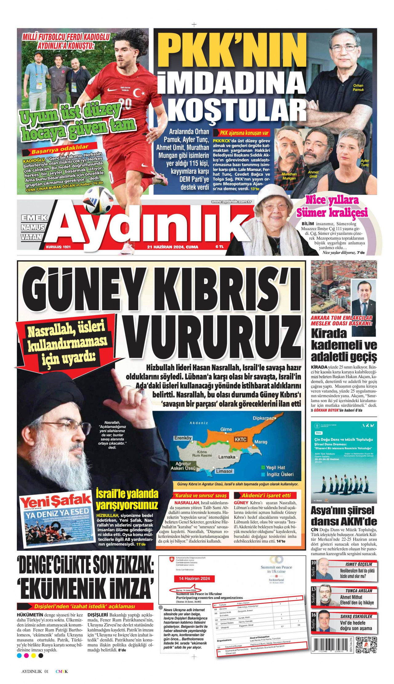 AYDINLIK GAZETESİ gazetesinin 21 Haziran 2024 tarihli birinci sayfası