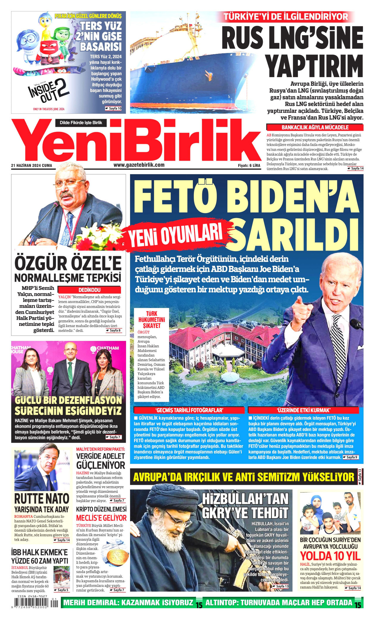 YENİBİRLİK gazetesinin 21 Haziran 2024 tarihli birinci sayfası