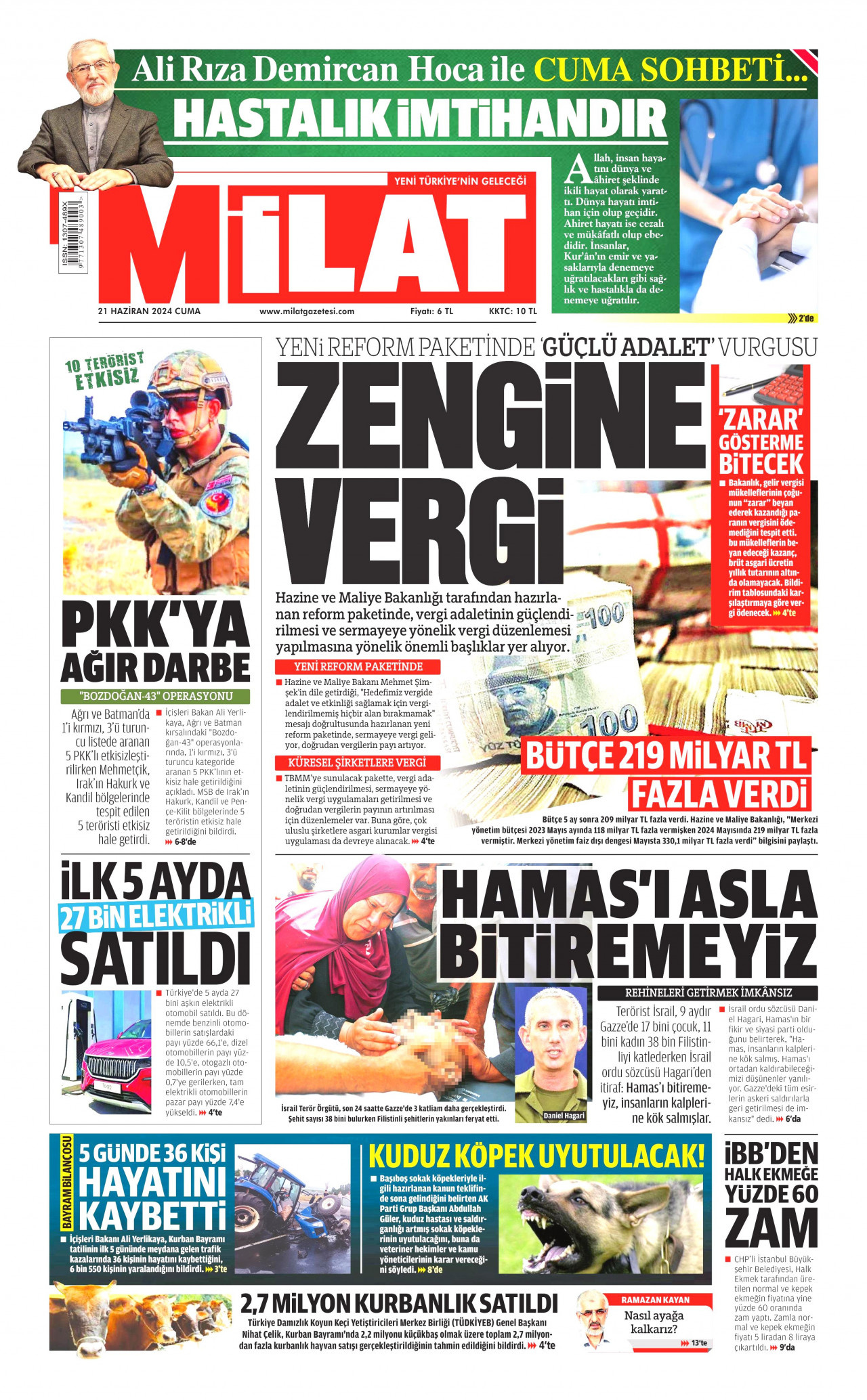 MİLAT gazetesinin 21 Haziran 2024 tarihli birinci sayfası