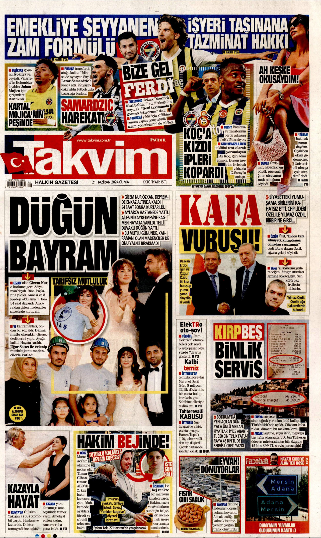 TAKVİM gazetesinin 21 Haziran 2024 tarihli birinci sayfası