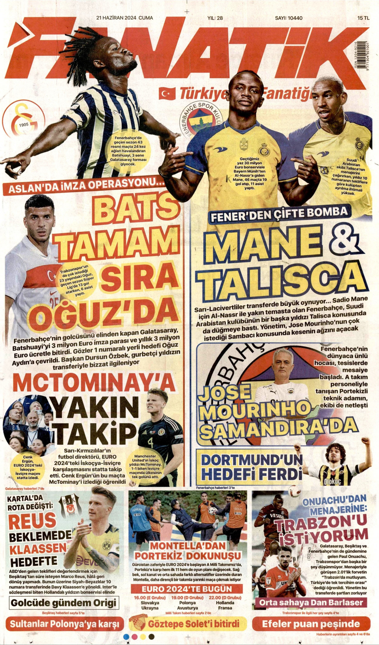 FANATİK gazetesinin 21 Haziran 2024 tarihli birinci sayfası