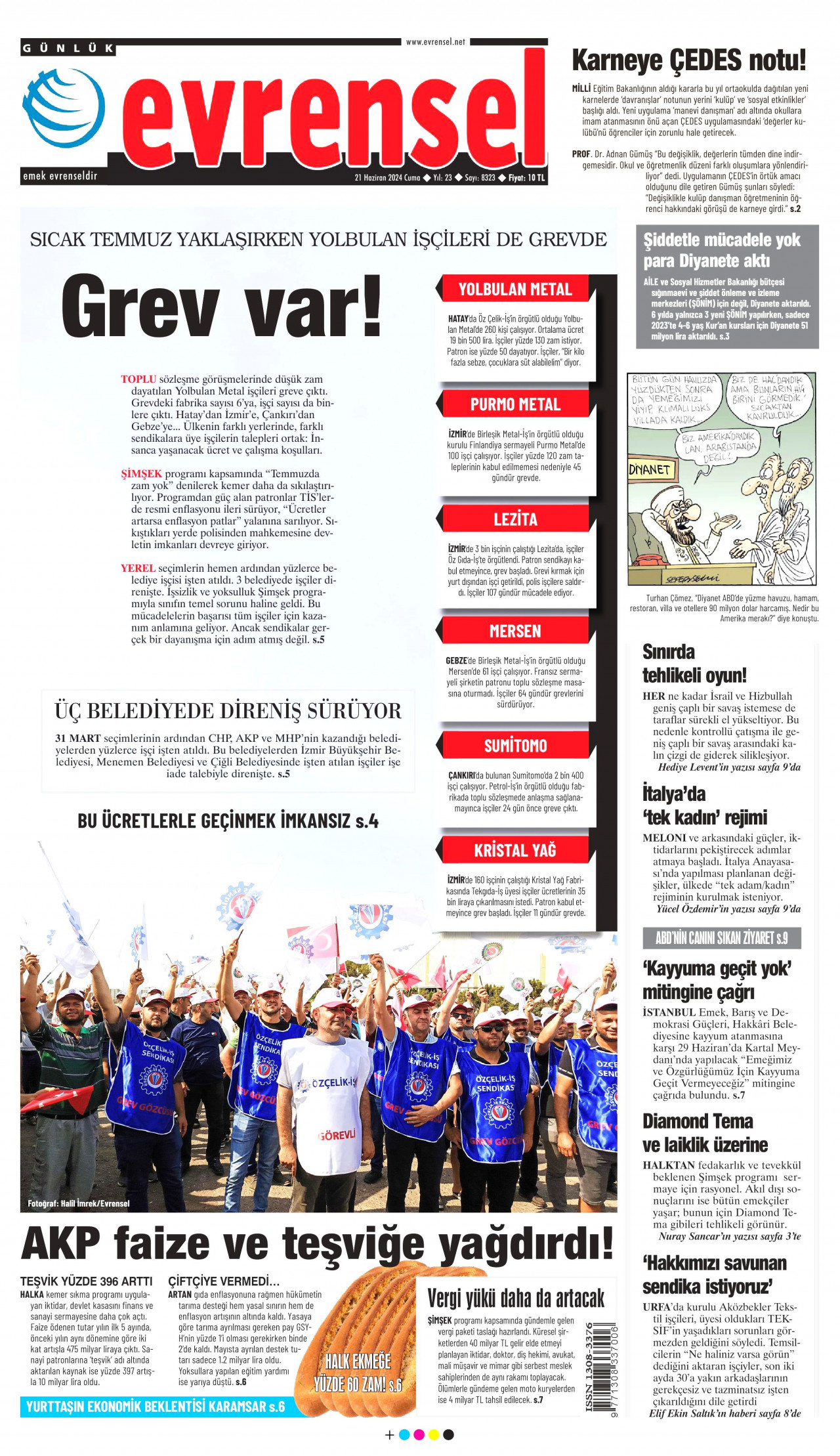 EVRENSEL gazetesinin 21 Haziran 2024 tarihli birinci sayfası