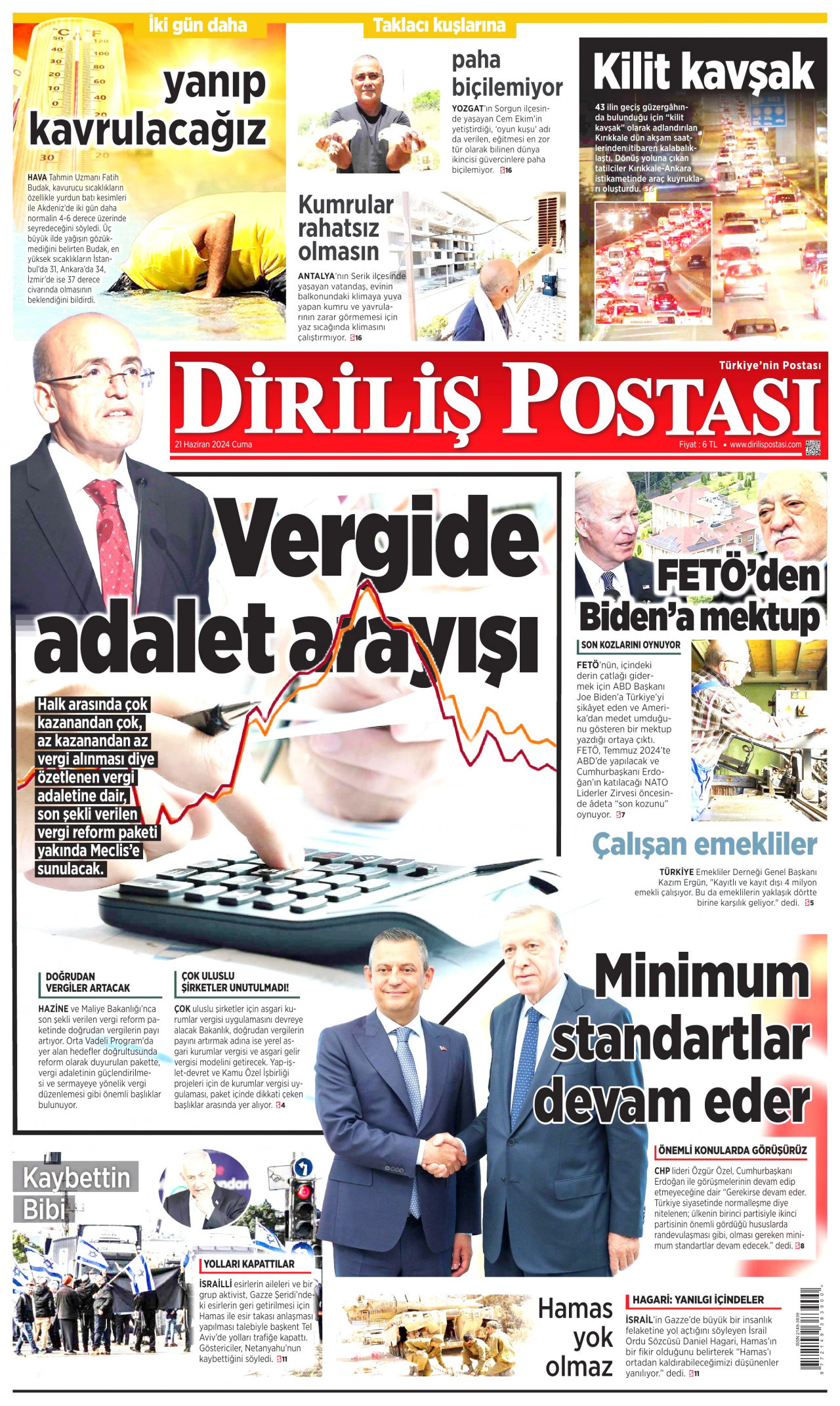 DİRİLİŞ POSTASI gazetesinin 21 Haziran 2024 tarihli birinci sayfası