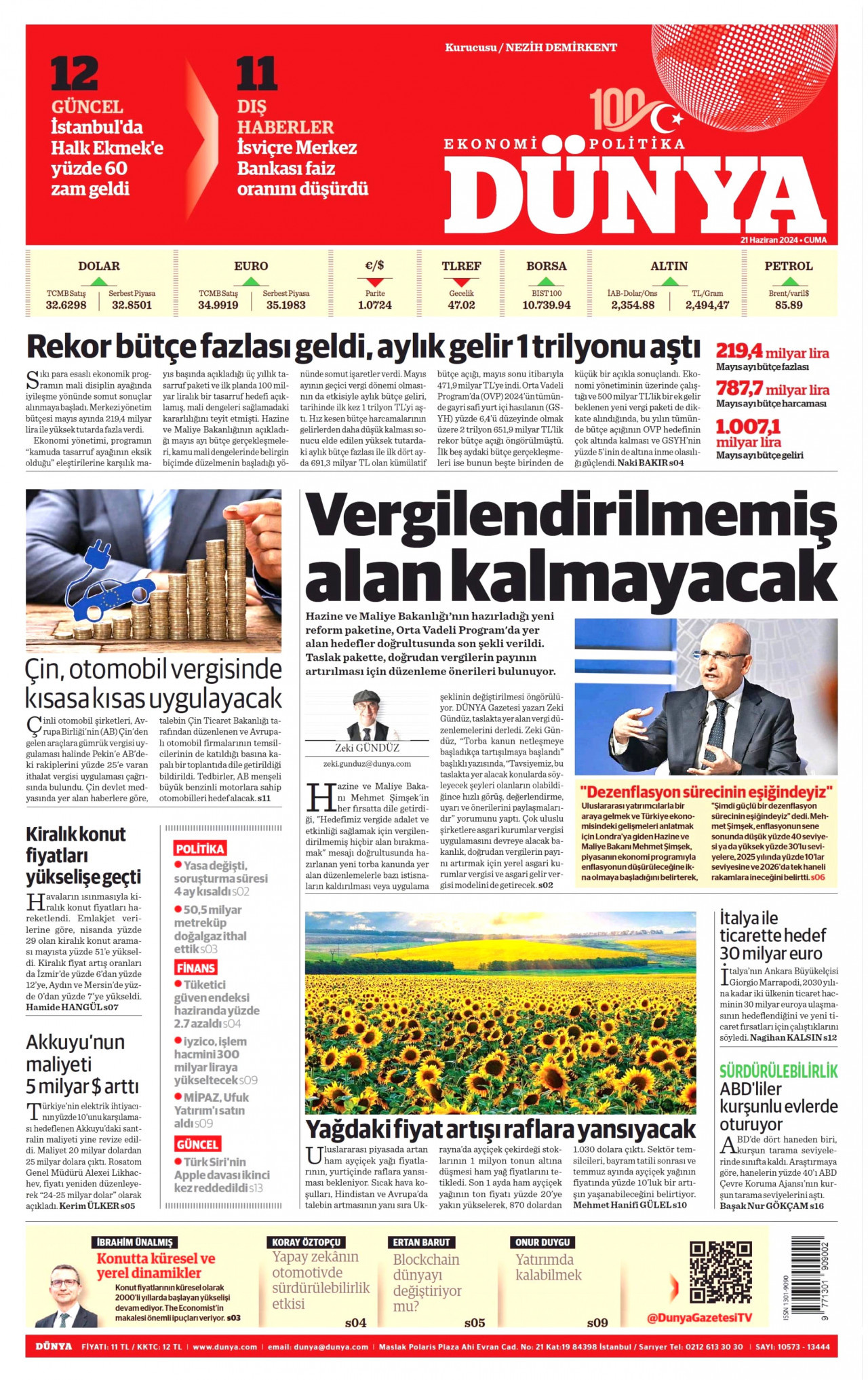 DÜNYA gazetesinin 21 Haziran 2024 tarihli birinci sayfası