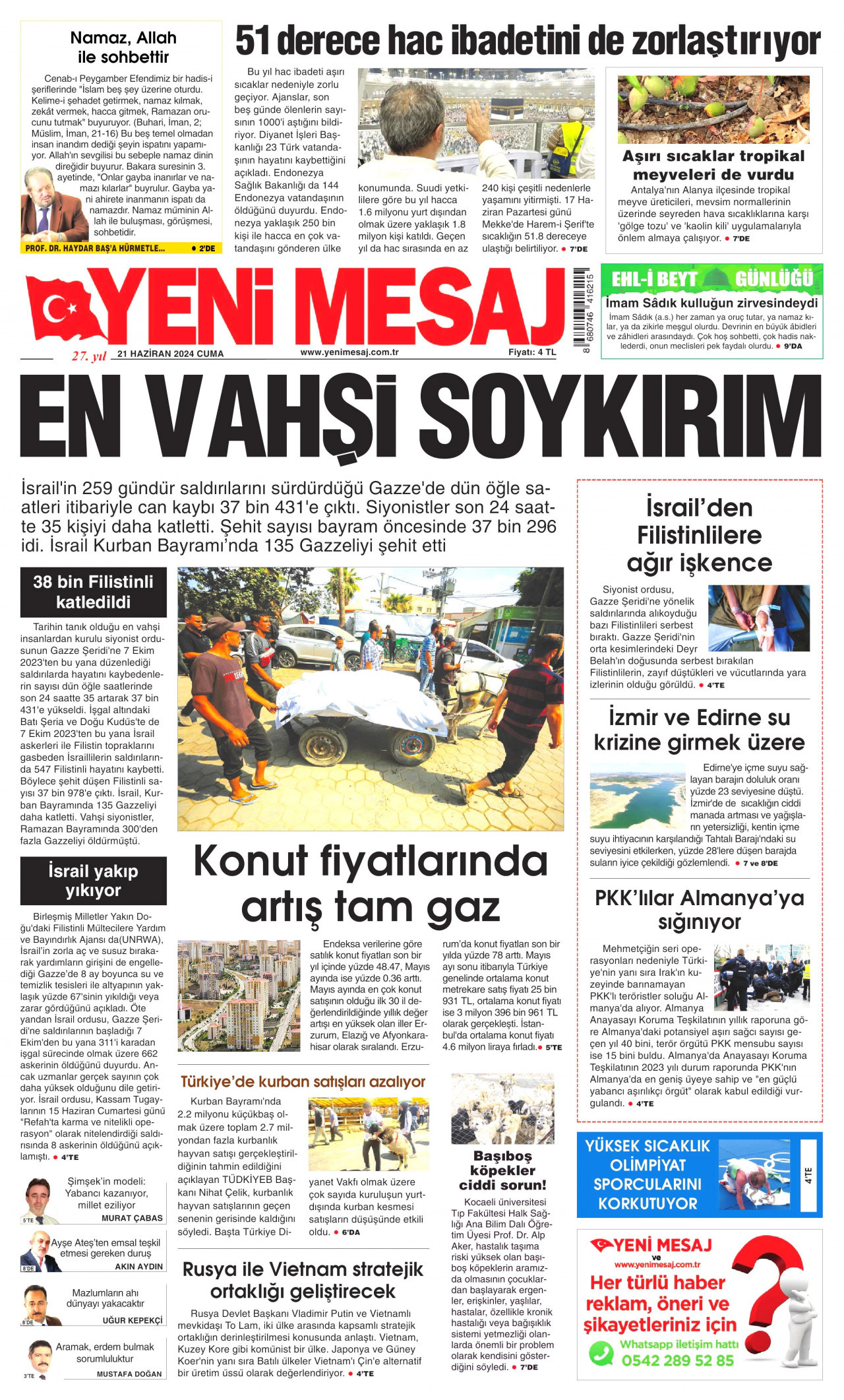 YENİ MESAJ gazetesinin 21 Haziran 2024 tarihli birinci sayfası