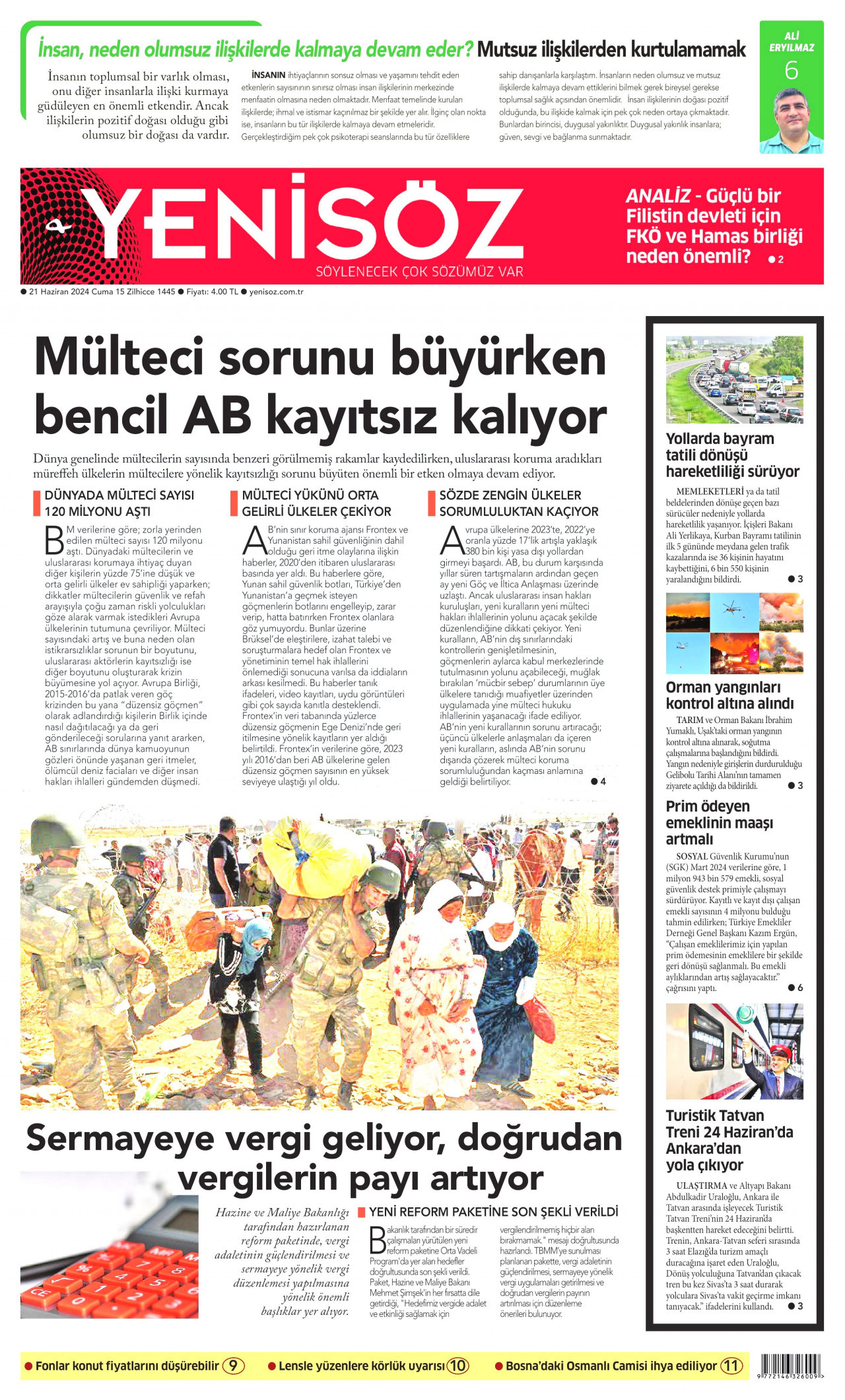 YENİ SÖZ GAZETESİ gazetesinin 21 Haziran 2024 tarihli birinci sayfası