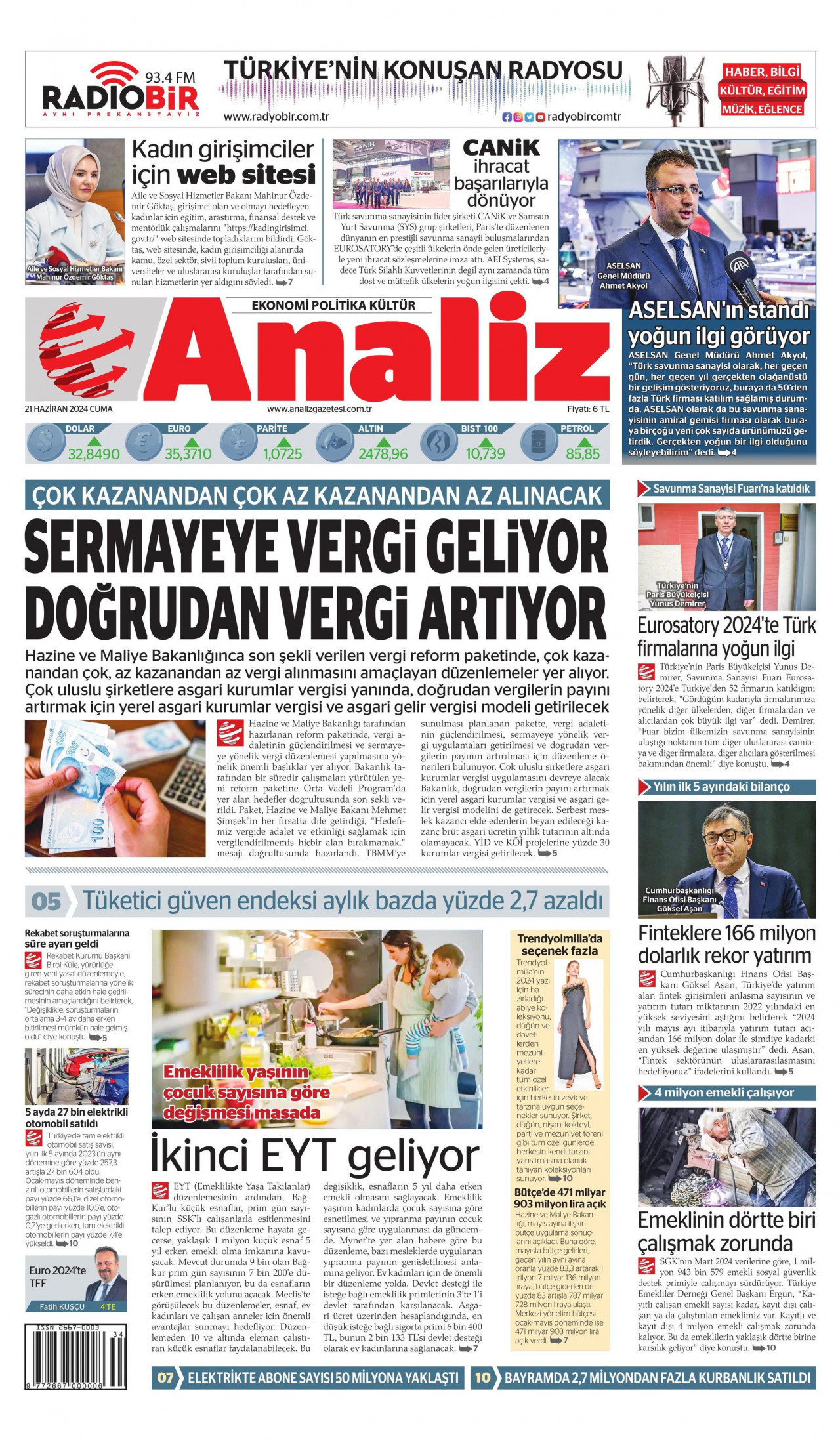 ANALİZ gazetesinin 21 Haziran 2024 tarihli birinci sayfası