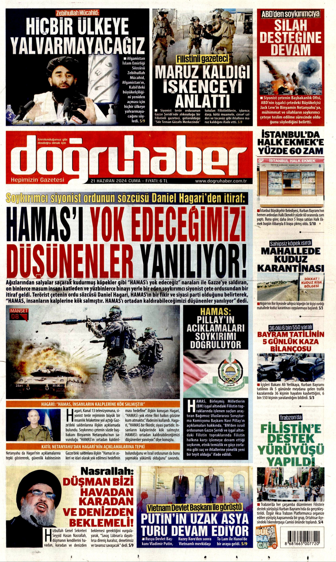 DOĞRU HABER gazetesinin 21 Haziran 2024 tarihli birinci sayfası