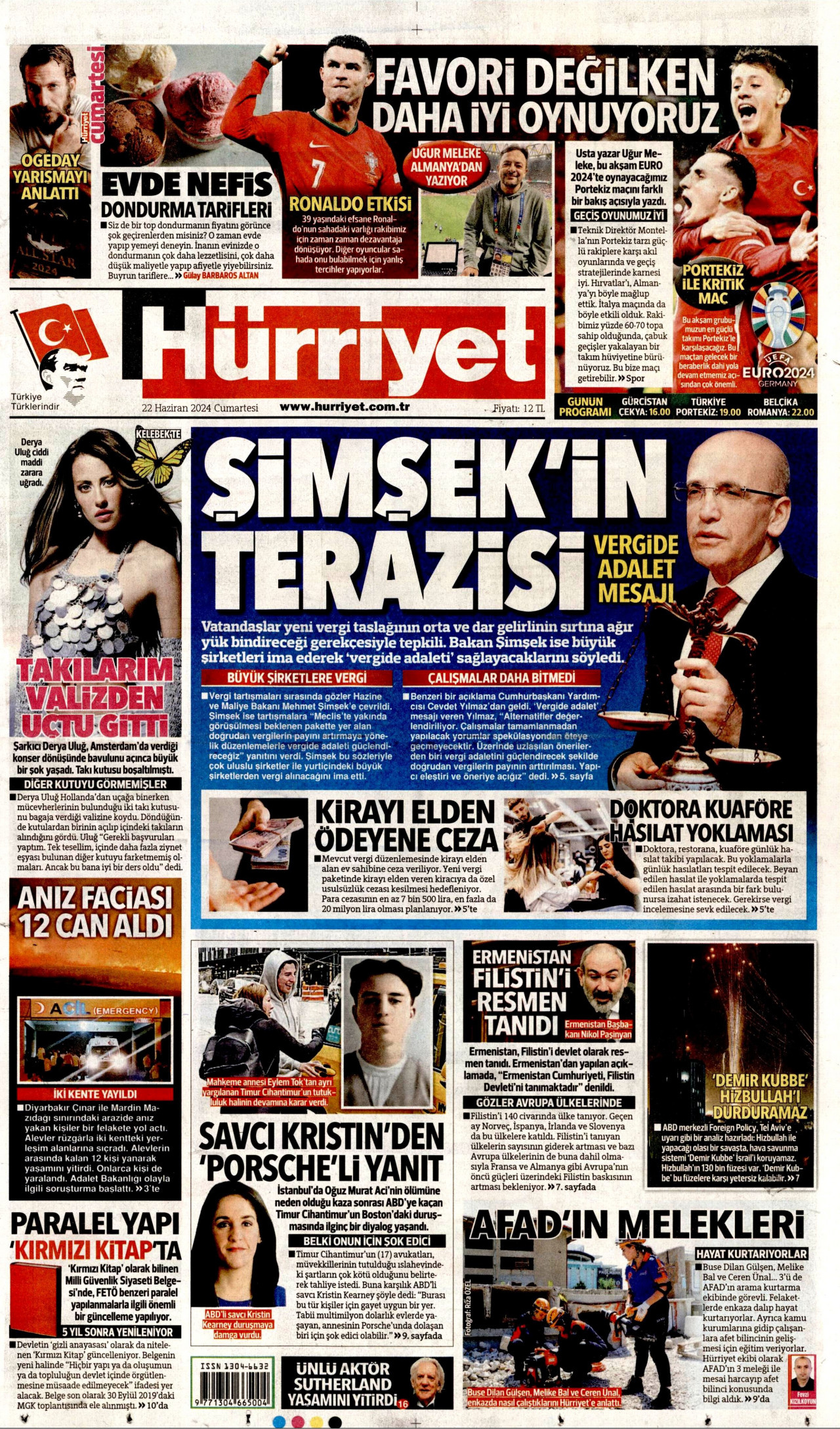 HÜRRİYET gazetesinin 22 Haziran 2024 tarihli birinci sayfası