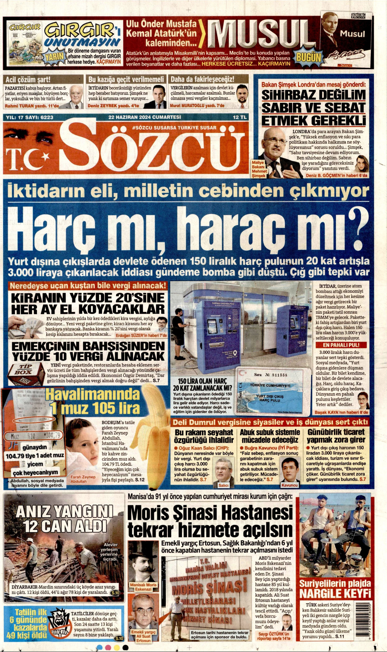SÖZCÜ gazetesinin 22 Haziran 2024 tarihli birinci sayfası