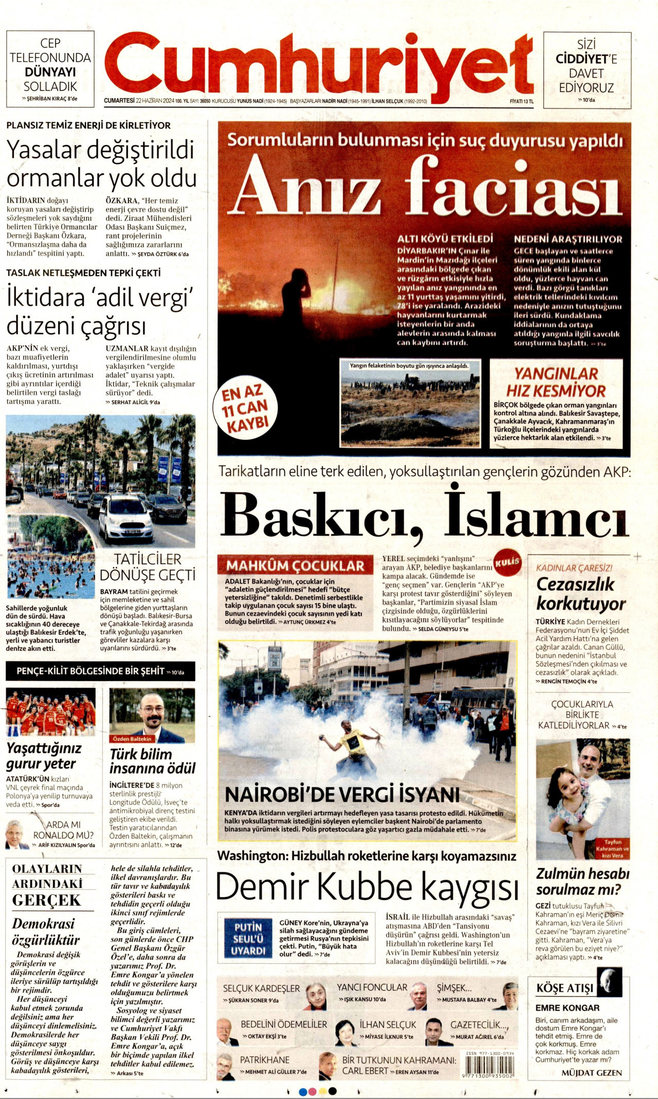 CUMHURİYET gazetesinin 22 Haziran 2024 tarihli birinci sayfası