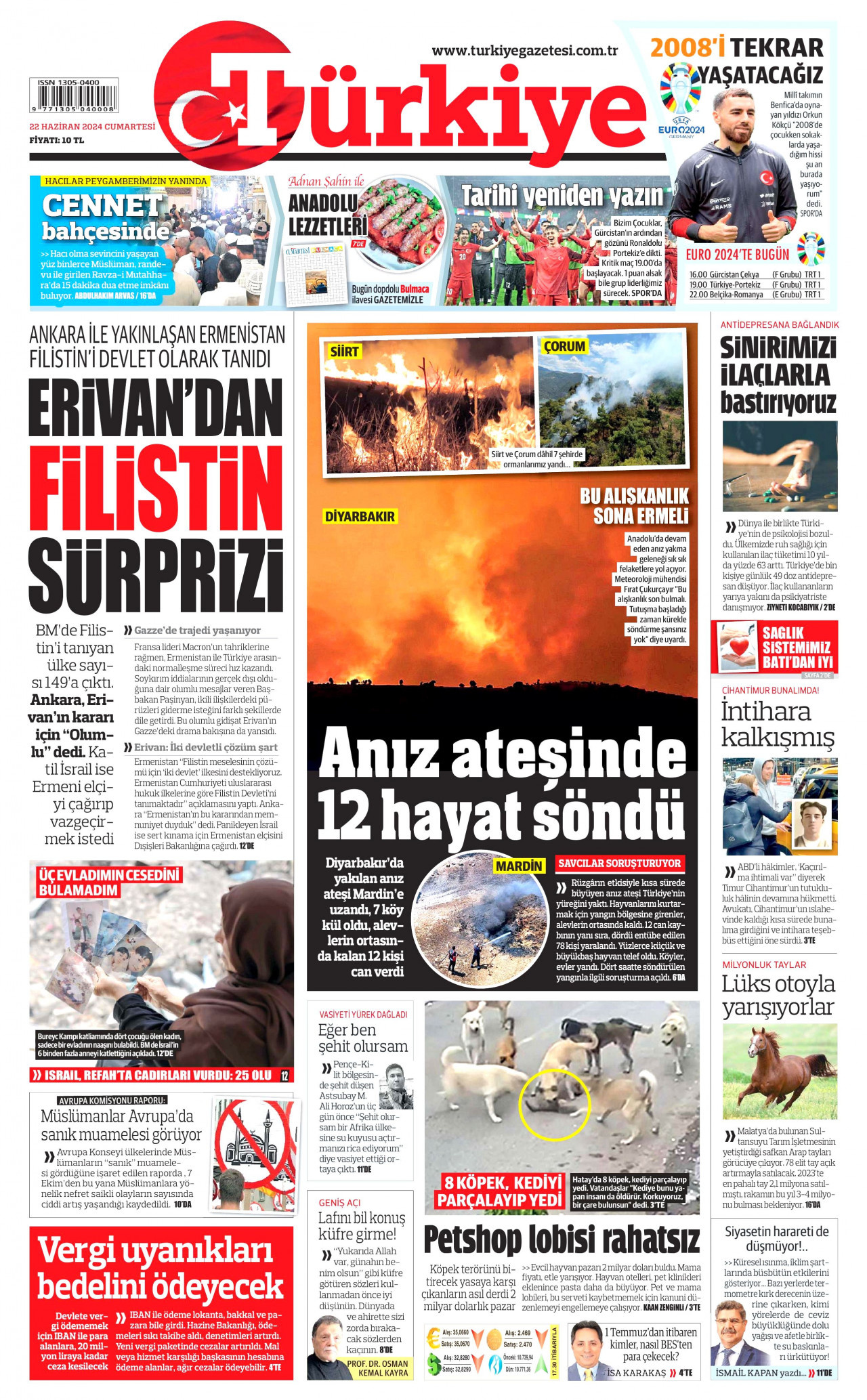 TÜRKİYE GAZETESİ gazetesinin 22 Haziran 2024 tarihli birinci sayfası