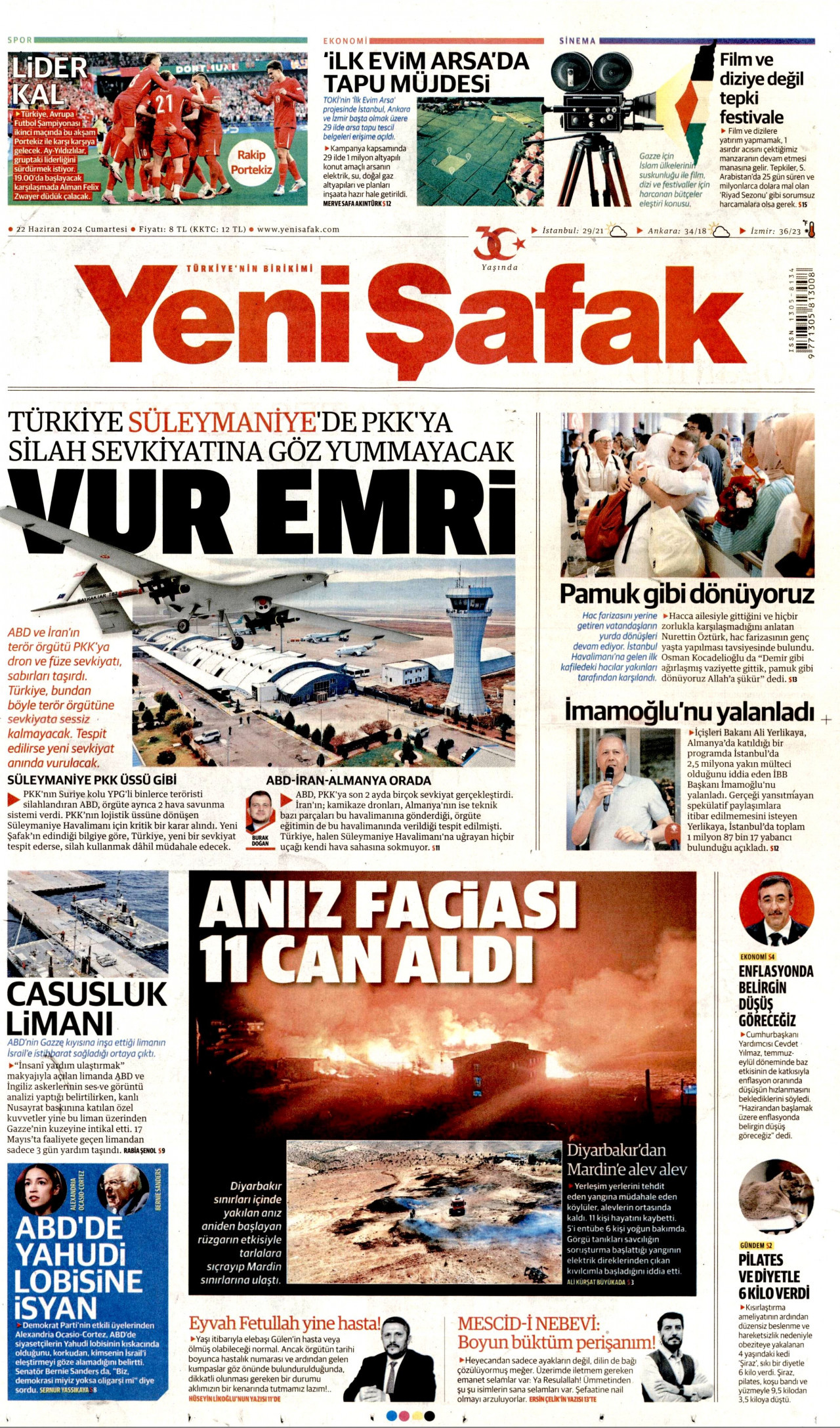 YENİ ŞAFAK gazetesinin 22 Haziran 2024 tarihli birinci sayfası