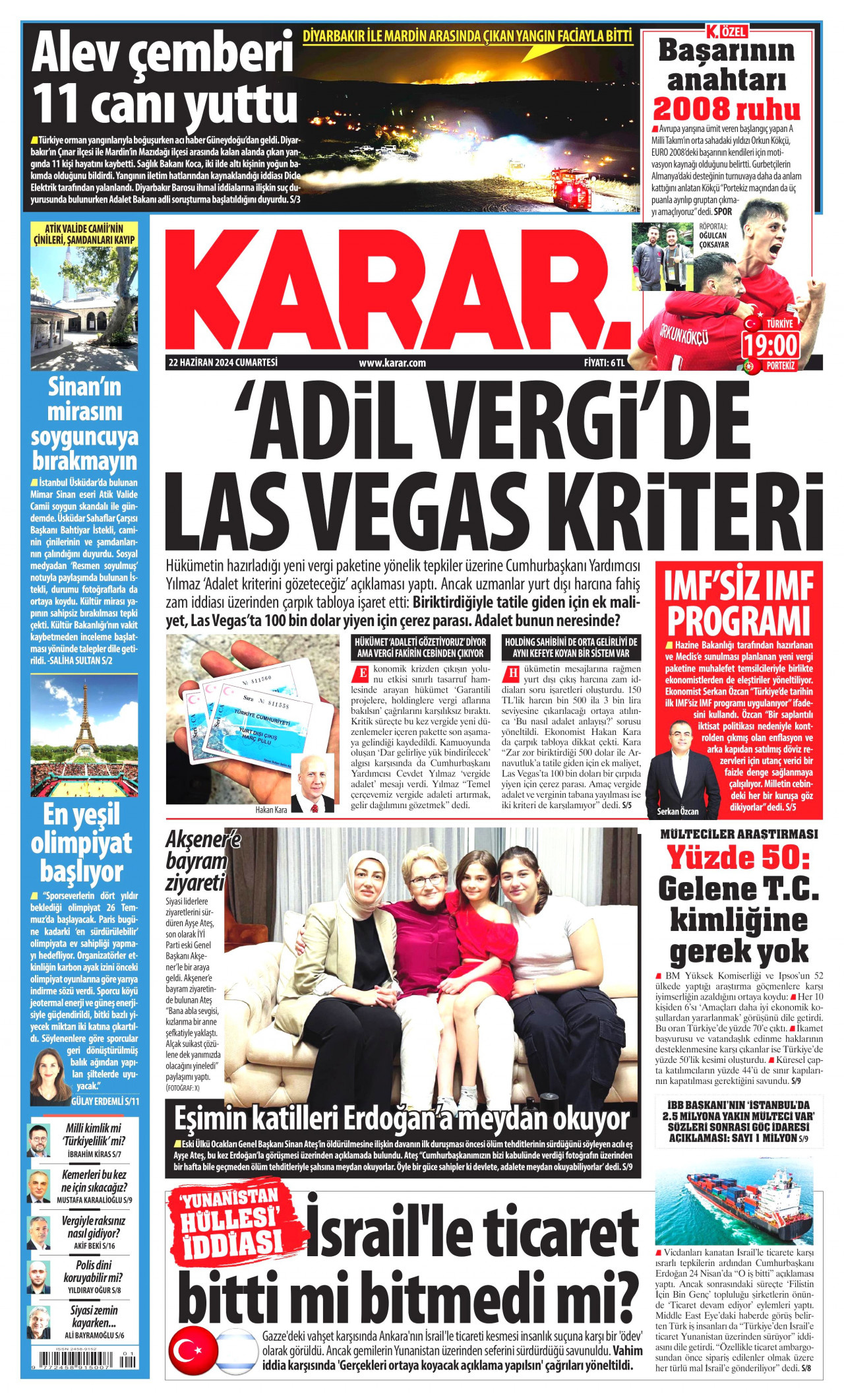 KARAR gazetesinin 22 Haziran 2024 tarihli birinci sayfası
