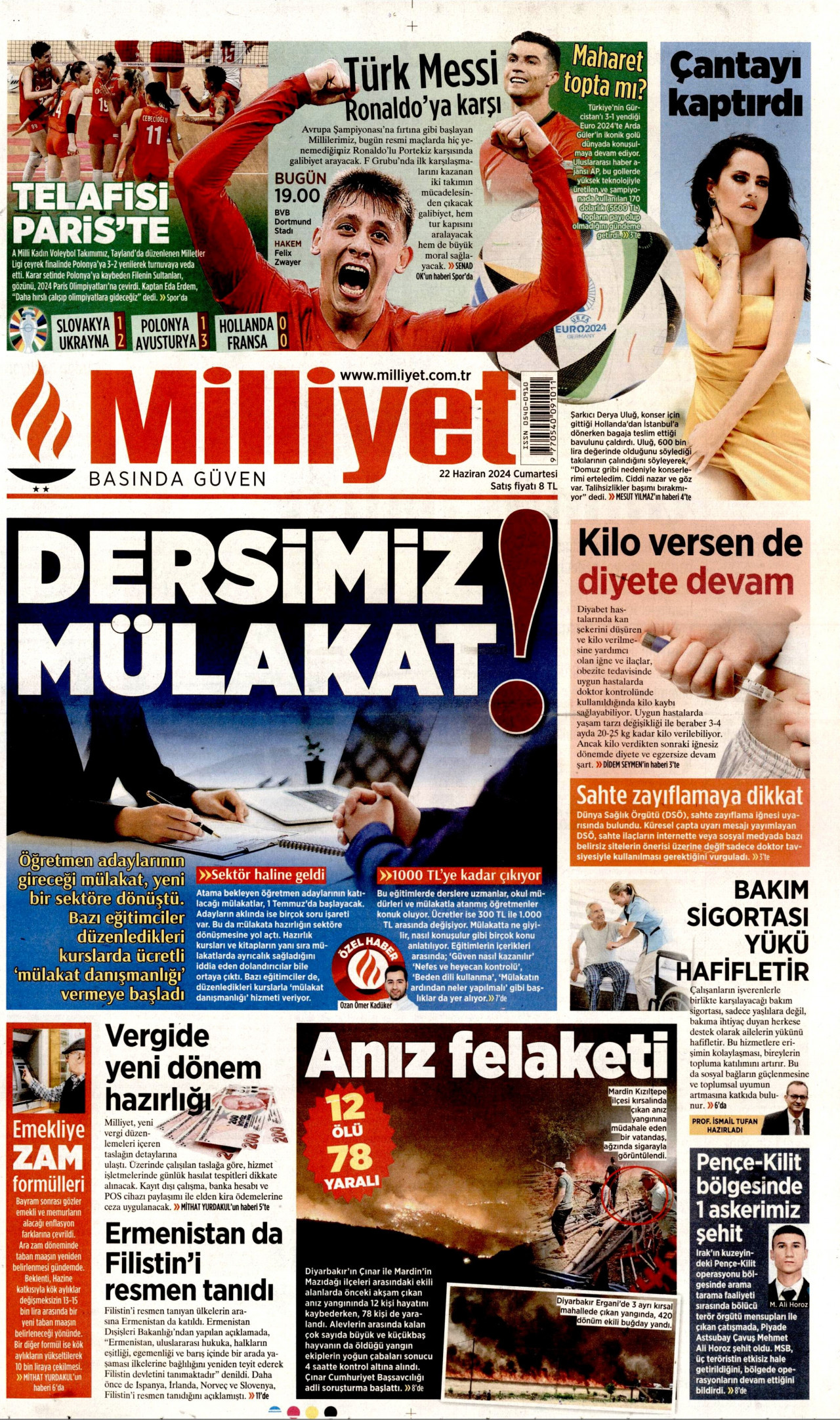 MİLLİYET gazetesinin 22 Haziran 2024 tarihli birinci sayfası