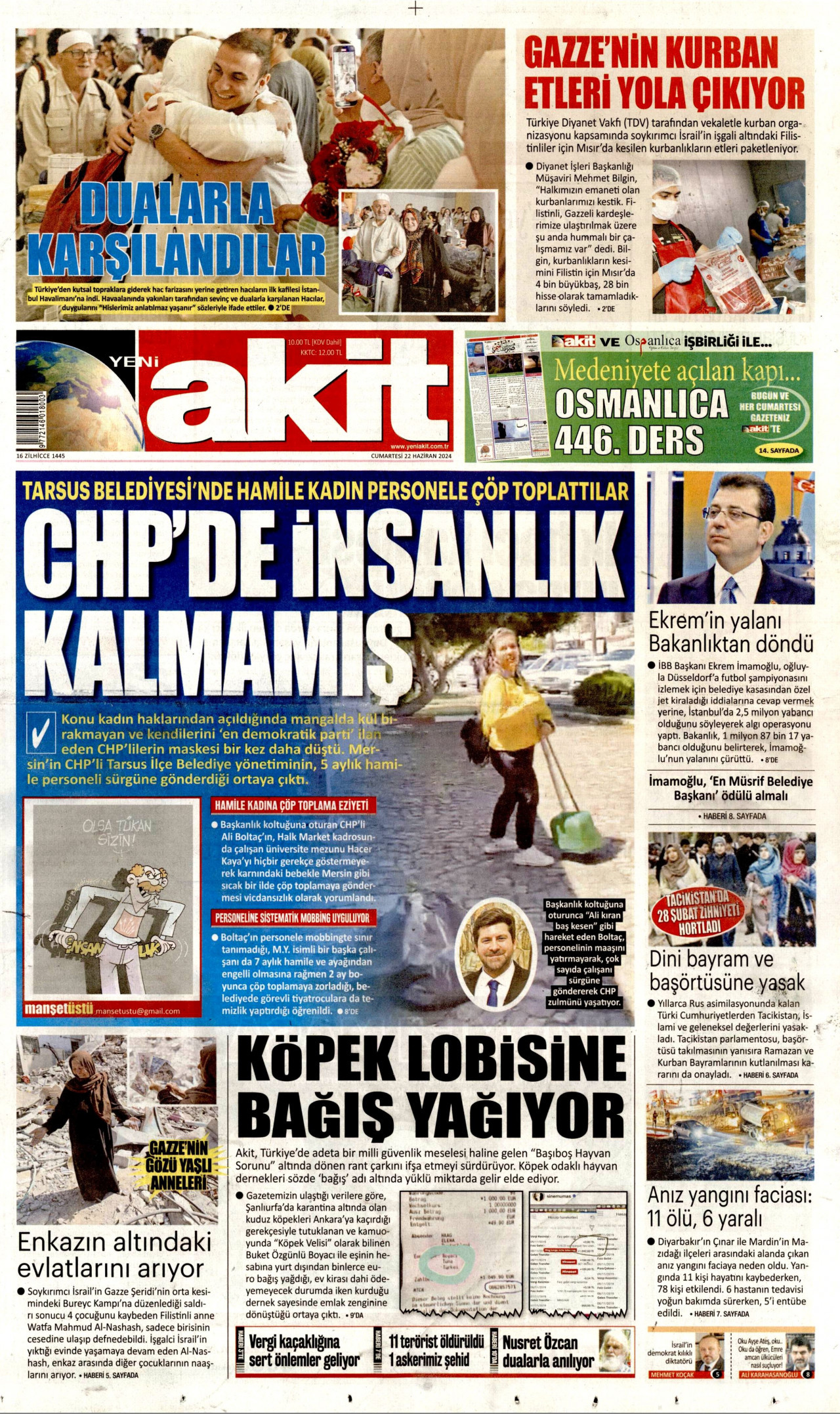 YENİ AKİT gazetesinin 22 Haziran 2024 tarihli birinci sayfası