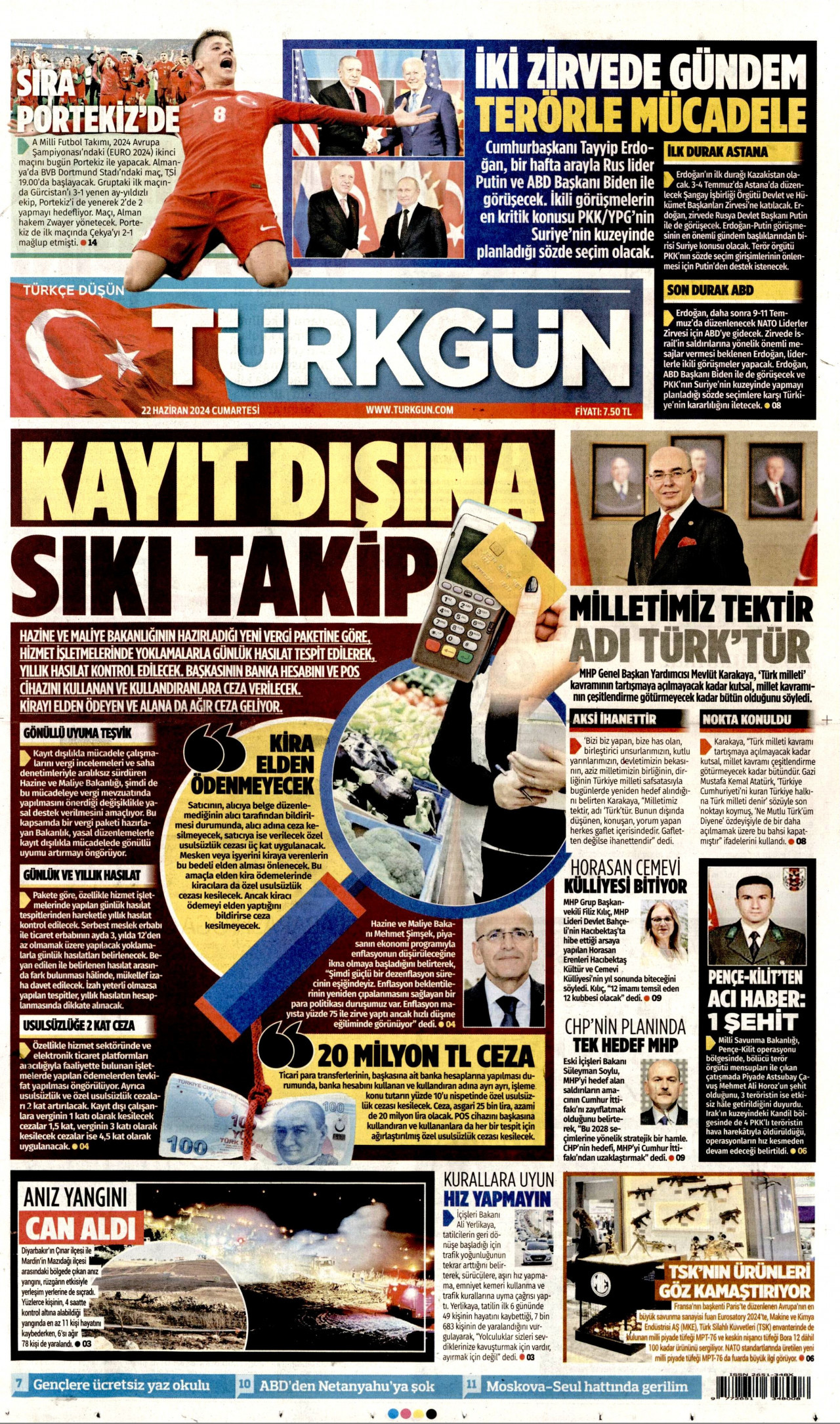 TÜRKGÜN gazetesinin 22 Haziran 2024 tarihli birinci sayfası