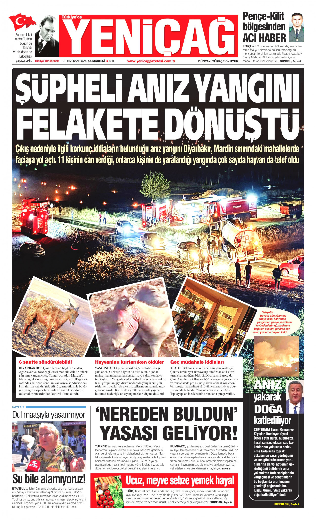 YENİÇAĞ gazetesinin 22 Haziran 2024 tarihli birinci sayfası