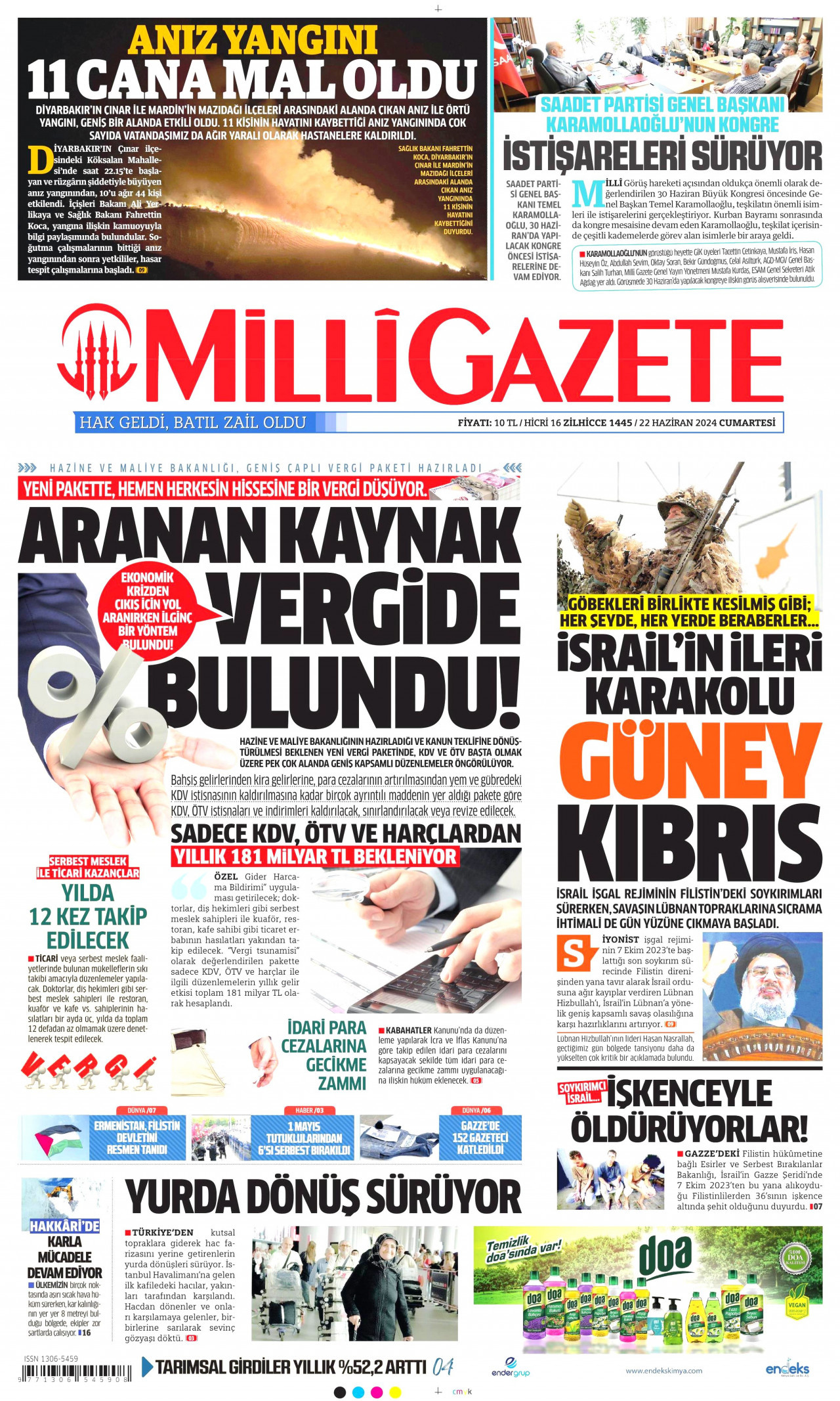 MİLLİ GAZETE gazetesinin 22 Haziran 2024 tarihli birinci sayfası