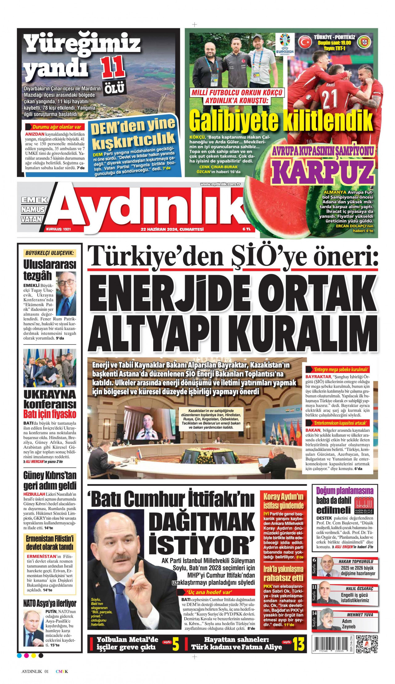 AYDINLIK GAZETESİ gazetesinin 22 Haziran 2024 tarihli birinci sayfası