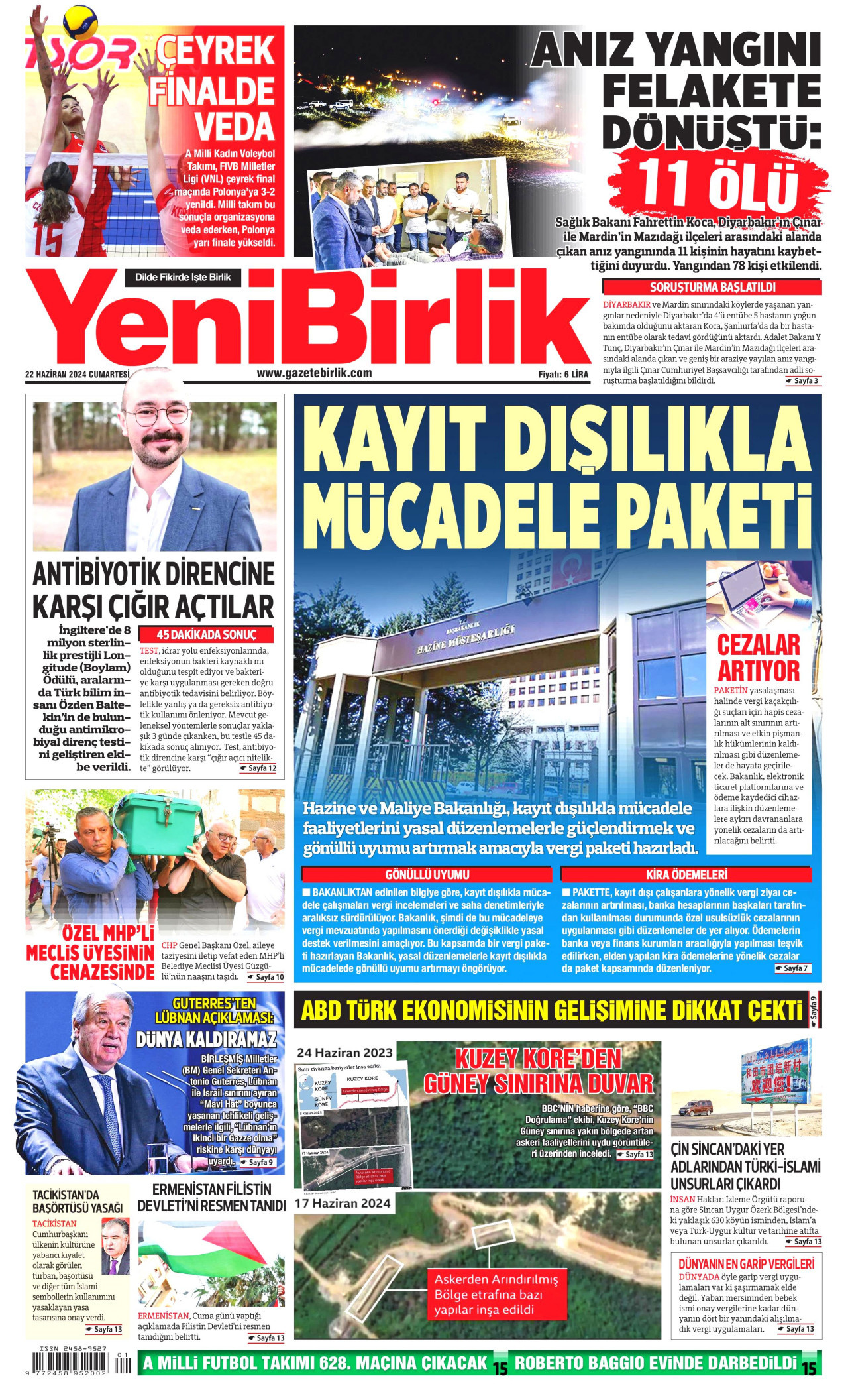 YENİBİRLİK gazetesinin 22 Haziran 2024 tarihli birinci sayfası