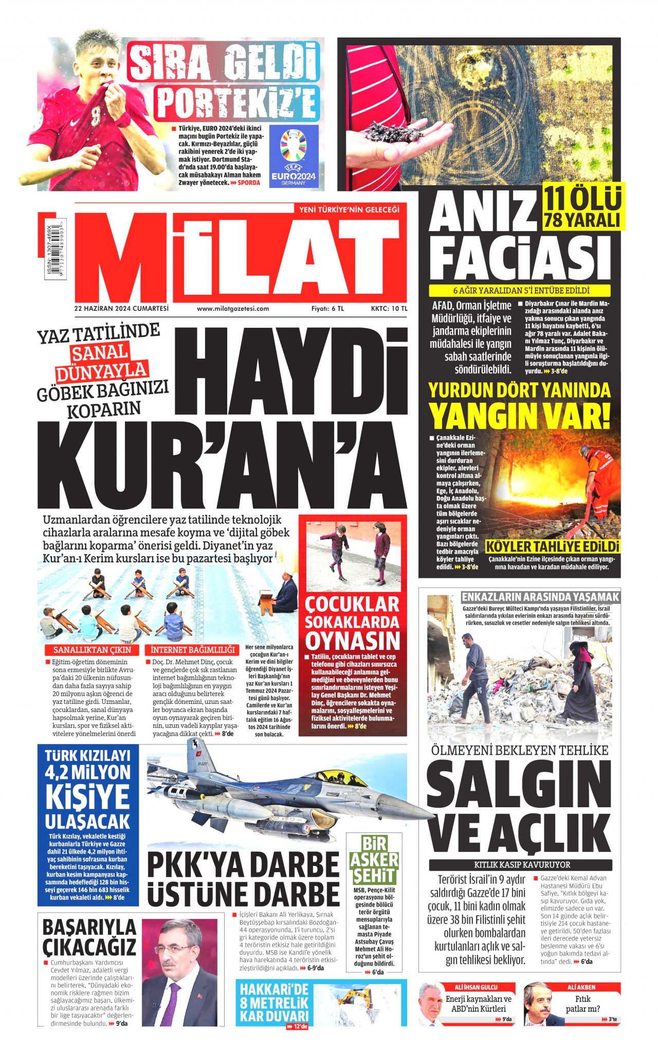 MİLAT gazetesinin 22 Haziran 2024 tarihli birinci sayfası