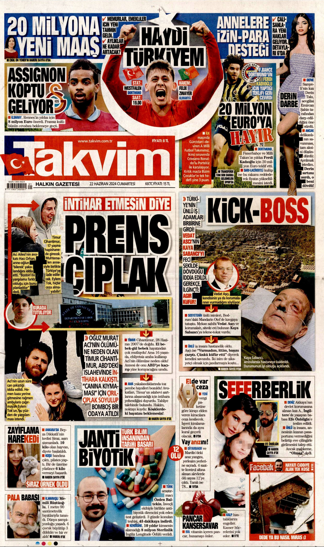 TAKVİM gazetesinin 22 Haziran 2024 tarihli birinci sayfası
