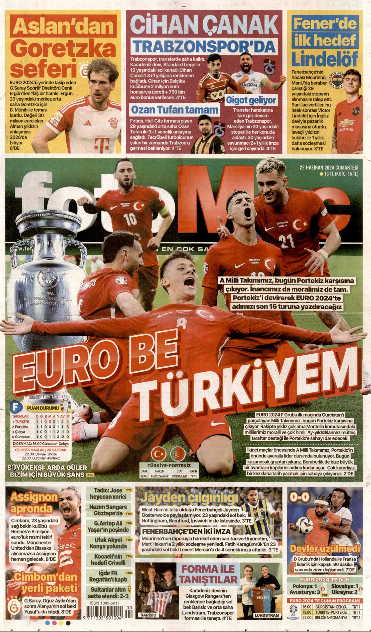 FOTOMAÇ gazetesinin 22 Haziran 2024 tarihli birinci sayfası