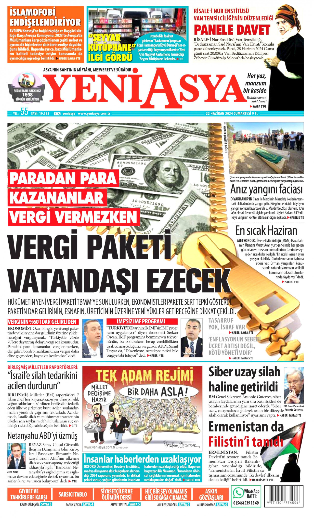 YENİ ASYA gazetesinin 22 Haziran 2024 tarihli birinci sayfası