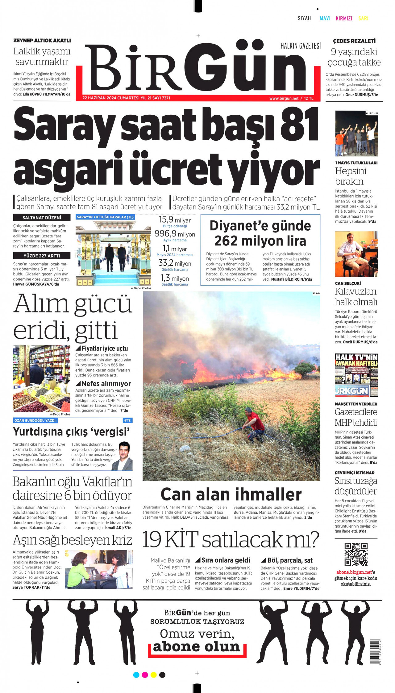 BİRGÜN gazetesinin 22 Haziran 2024 tarihli birinci sayfası