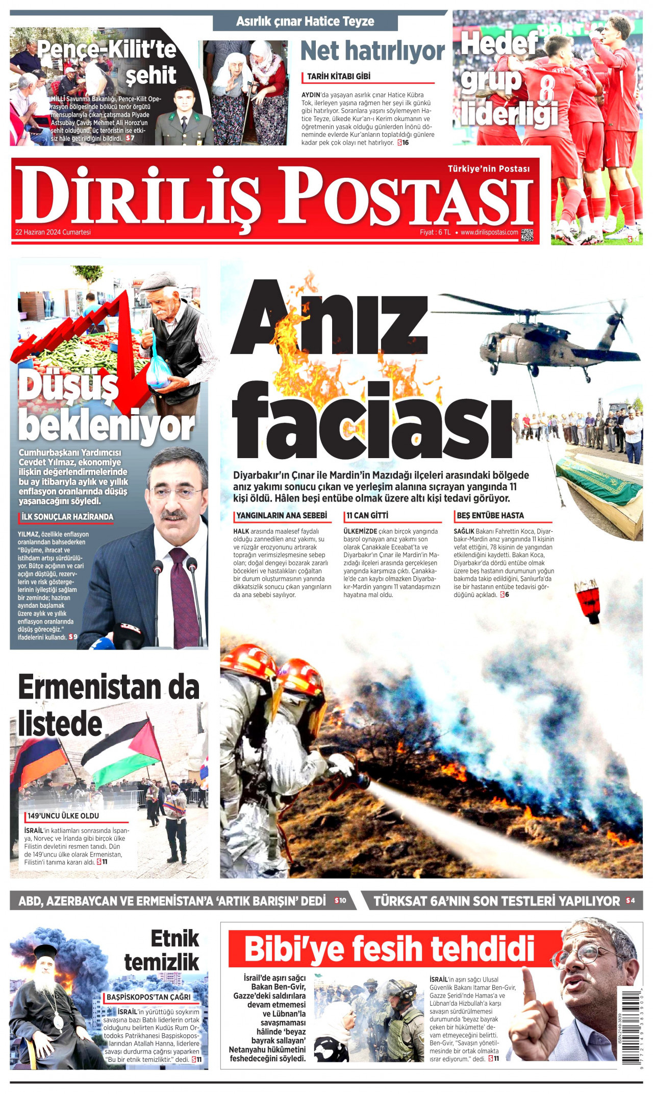 DİRİLİŞ POSTASI gazetesinin 22 Haziran 2024 tarihli birinci sayfası