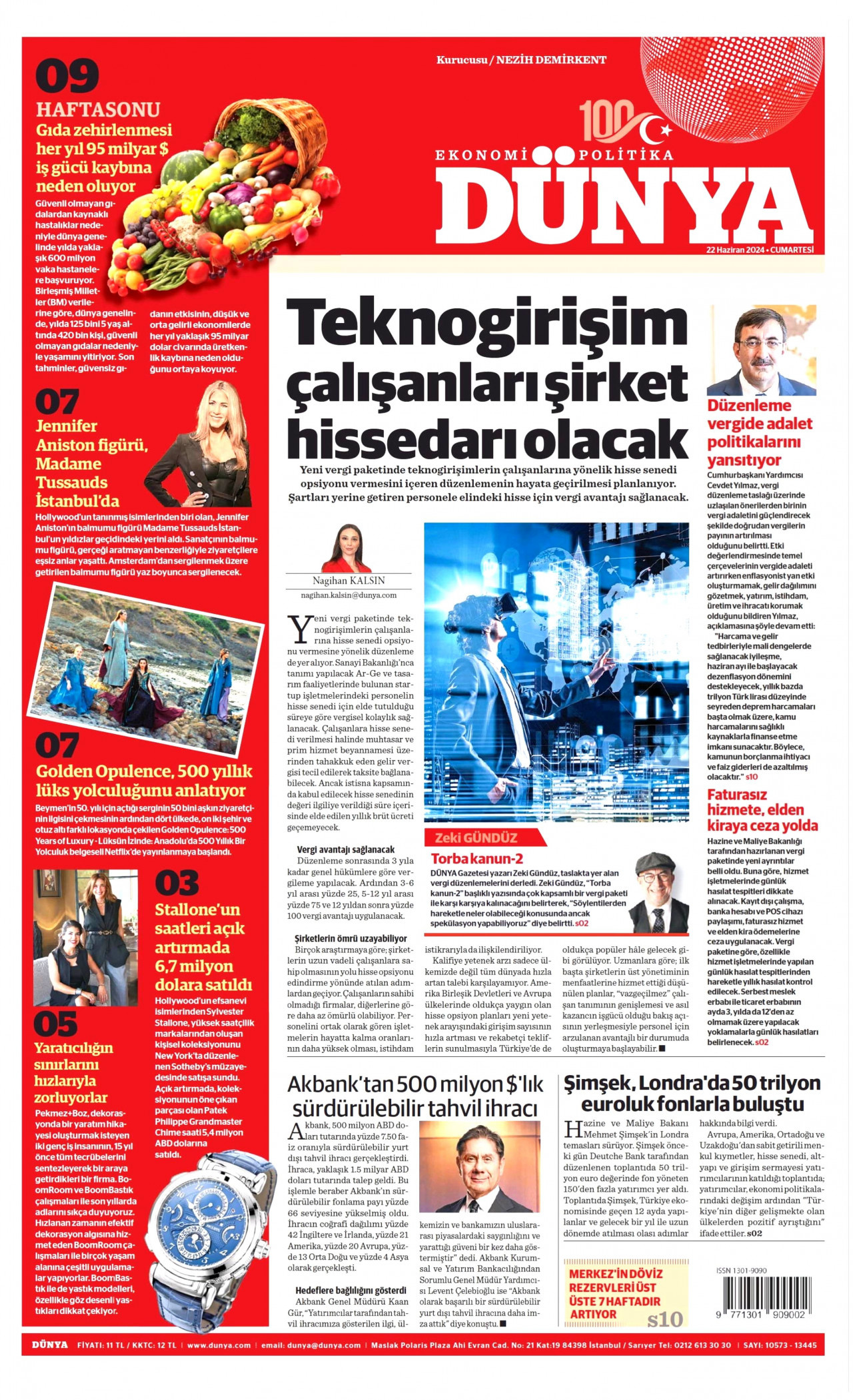 DÜNYA gazetesinin 22 Haziran 2024 tarihli birinci sayfası