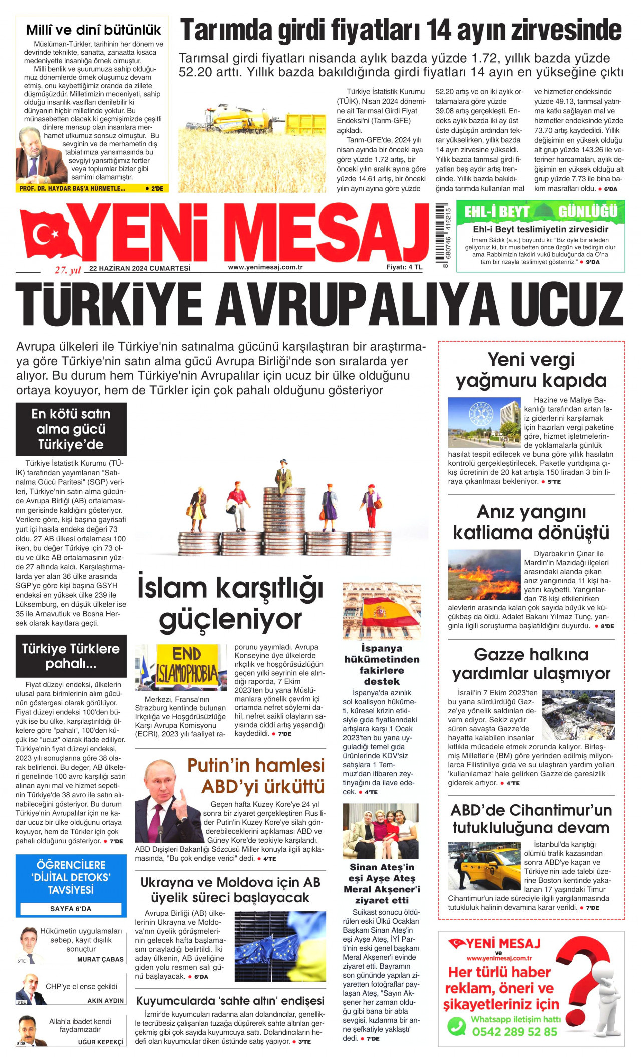 YENİ MESAJ gazetesinin 22 Haziran 2024 tarihli birinci sayfası