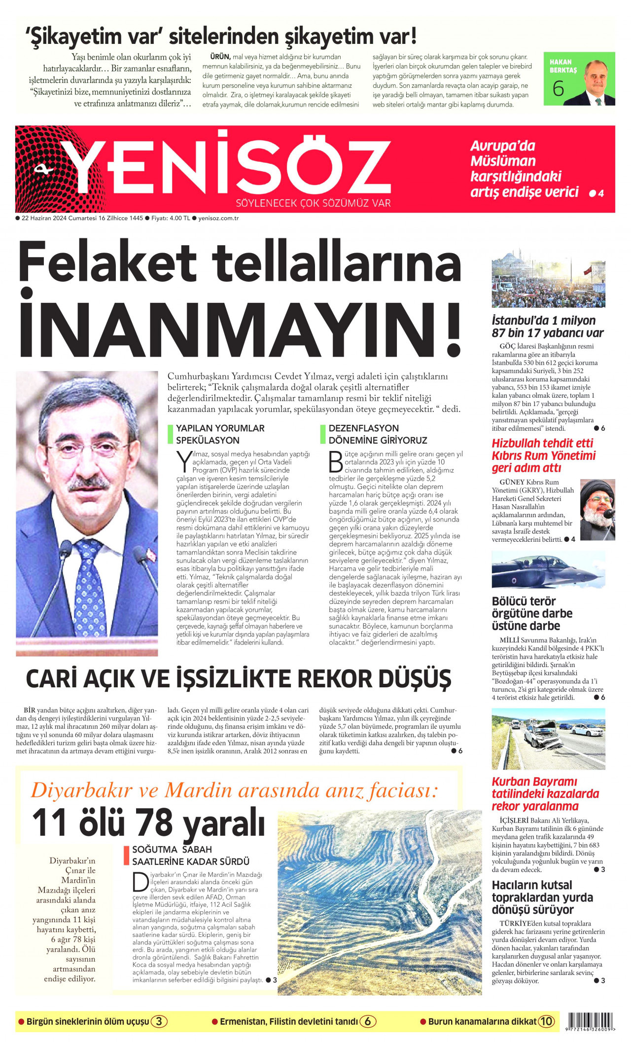 YENİ SÖZ GAZETESİ gazetesinin 22 Haziran 2024 tarihli birinci sayfası