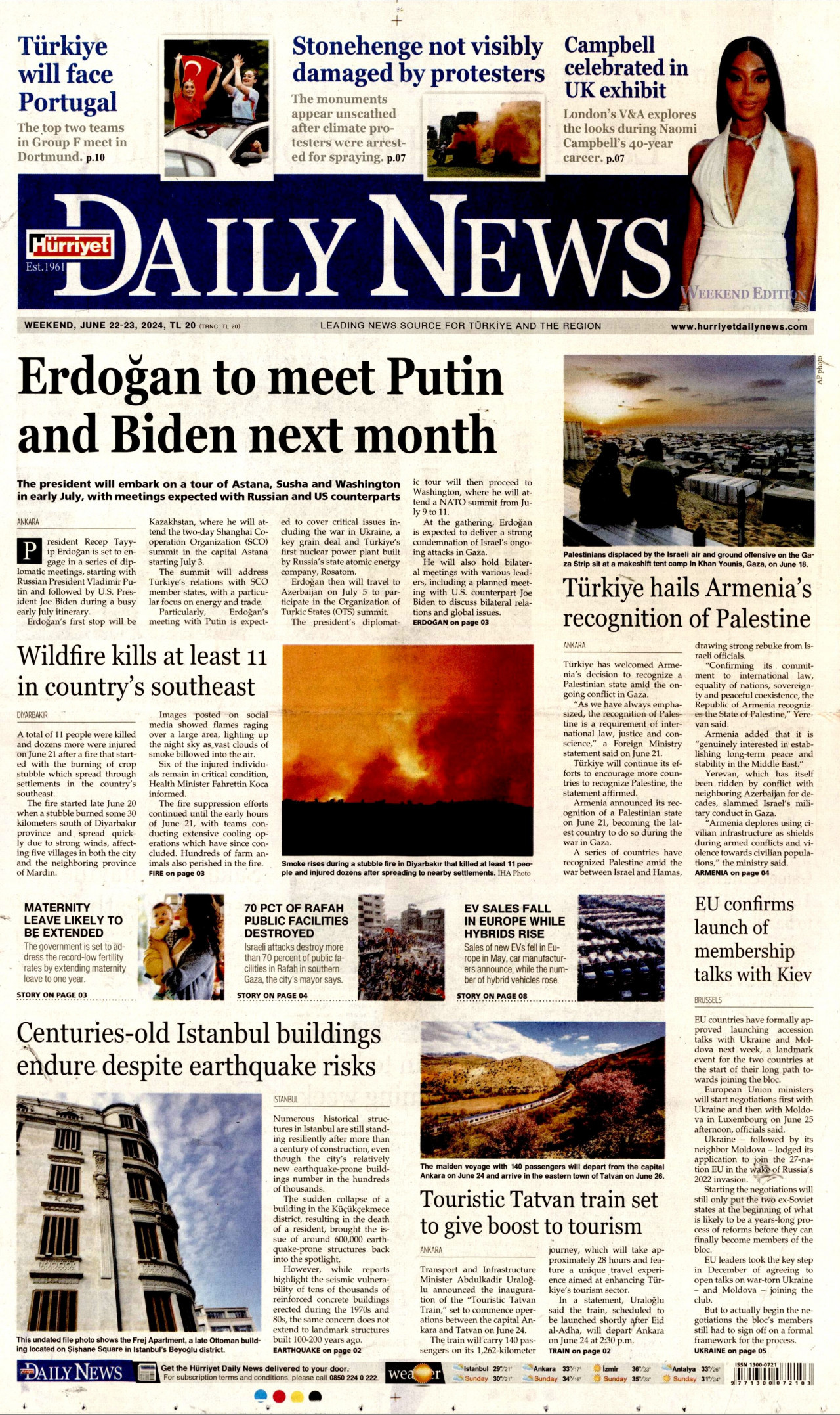 HÜRRİYET DAİLY NEWS gazetesinin 22 Haziran 2024 tarihli birinci sayfası