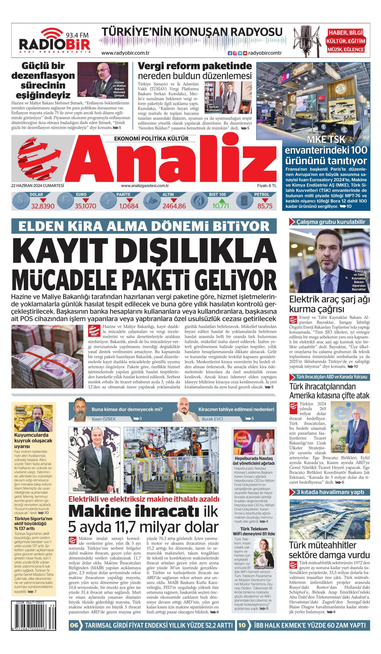ANALİZ gazetesinin 22 Haziran 2024 tarihli birinci sayfası