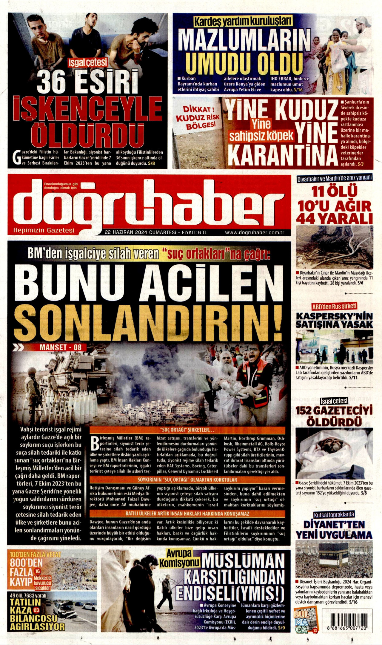 DOĞRU HABER gazetesinin 22 Haziran 2024 tarihli birinci sayfası