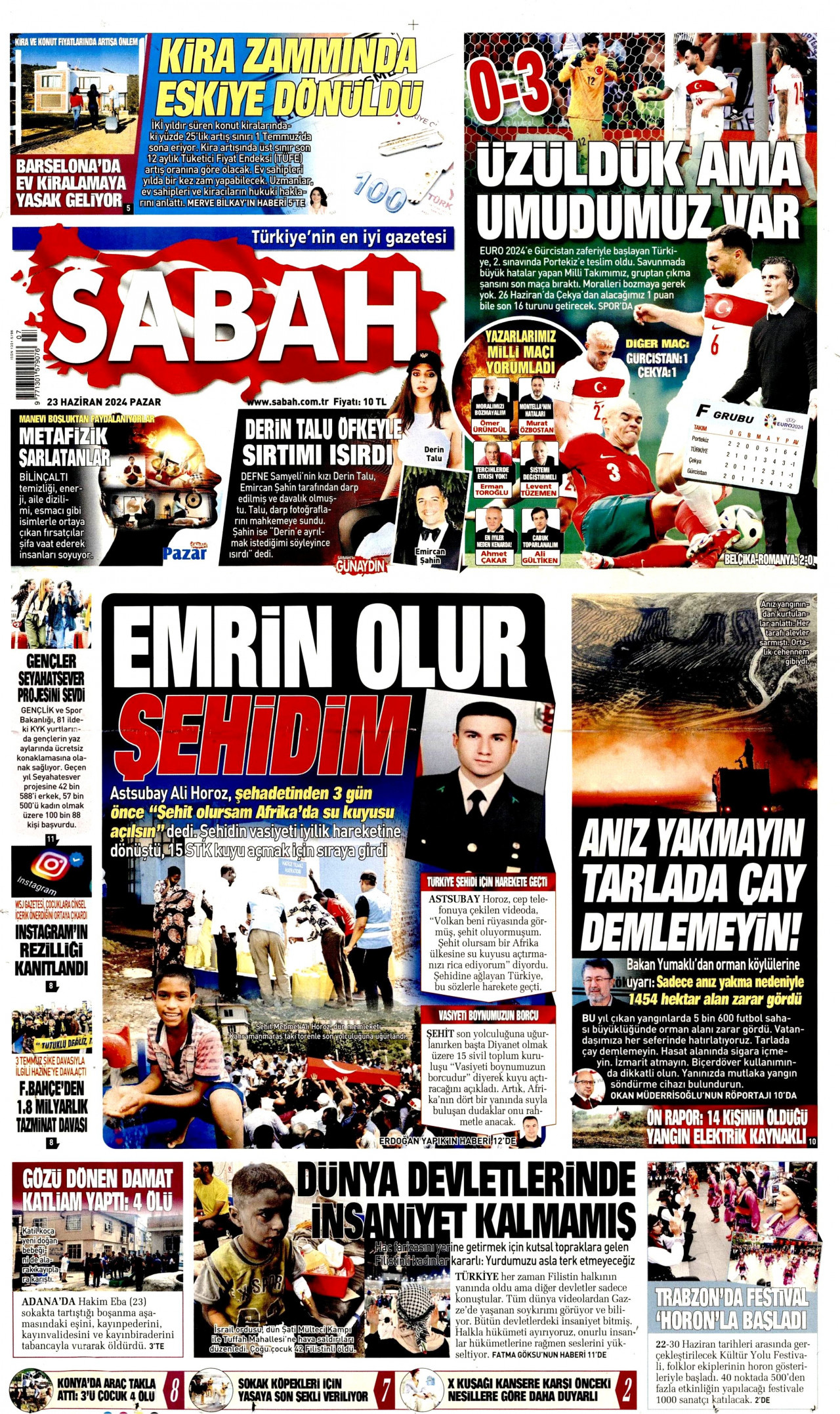SABAH gazetesinin 23 Haziran 2024 tarihli birinci sayfası