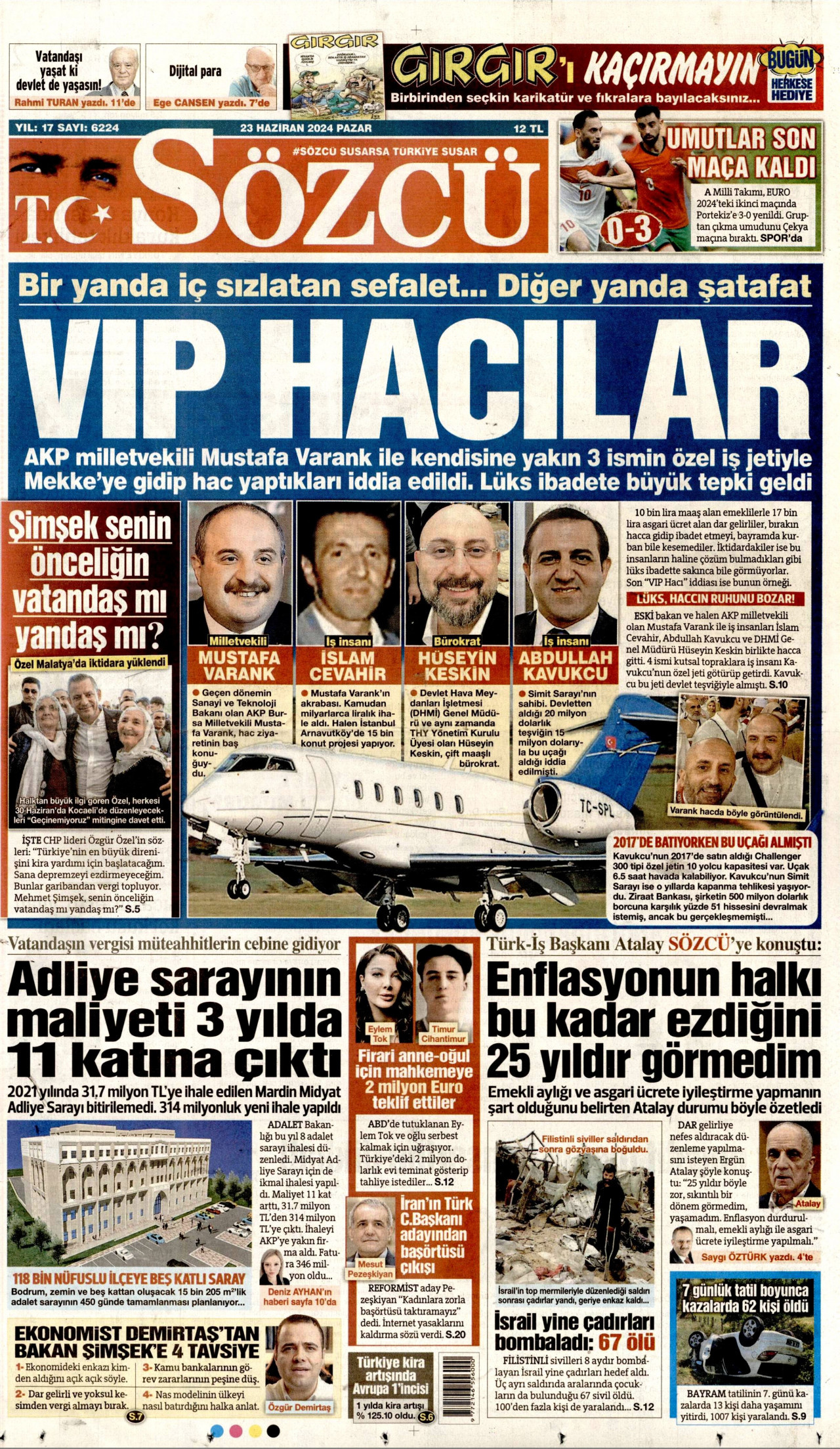 SÖZCÜ gazetesinin 23 Haziran 2024 tarihli birinci sayfası