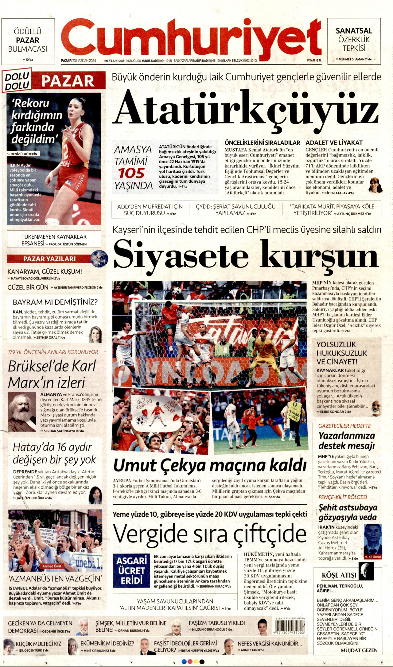CUMHURİYET gazetesinin 23 Haziran 2024 tarihli birinci sayfası