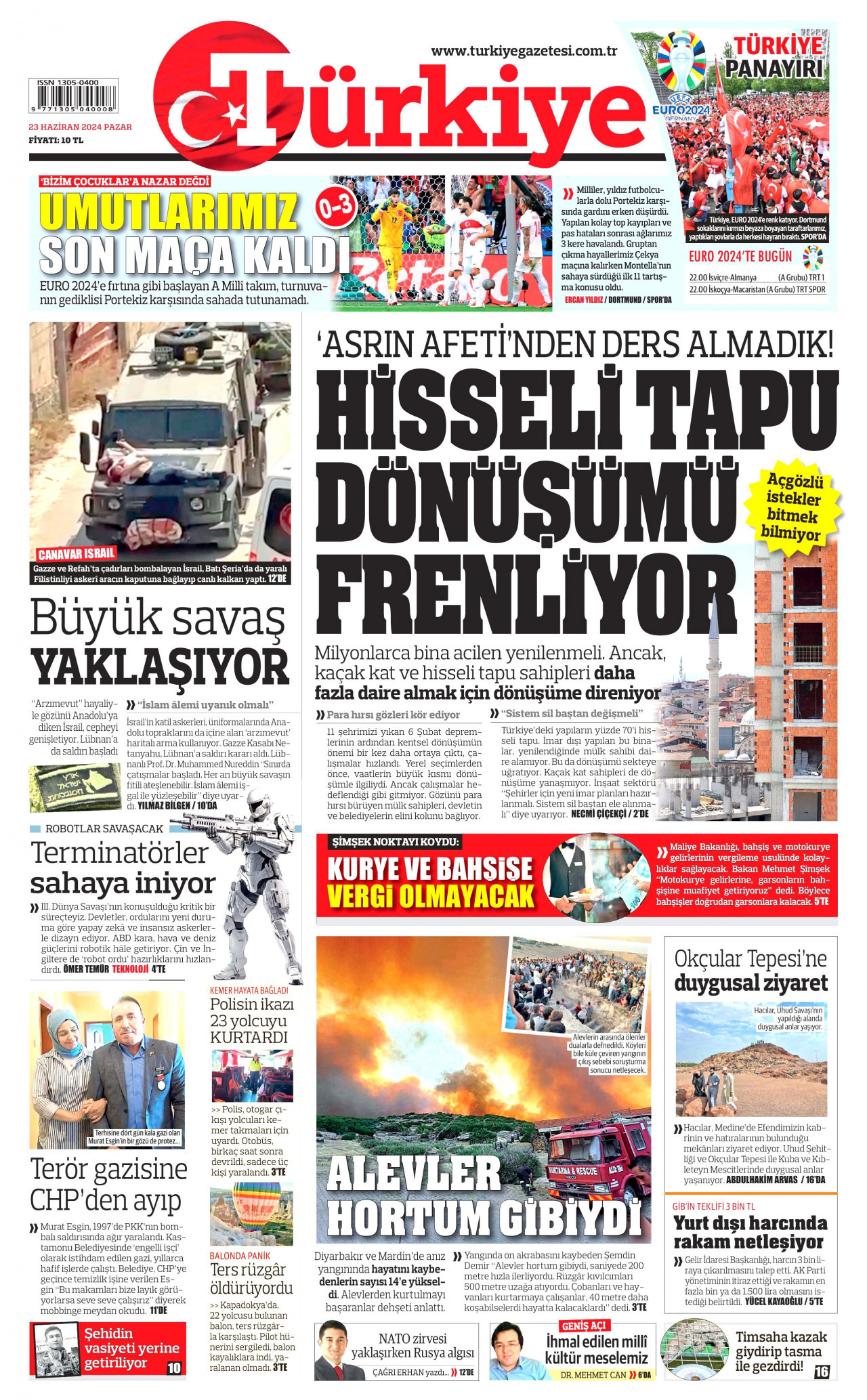 TÜRKİYE GAZETESİ gazetesinin 23 Haziran 2024 tarihli birinci sayfası