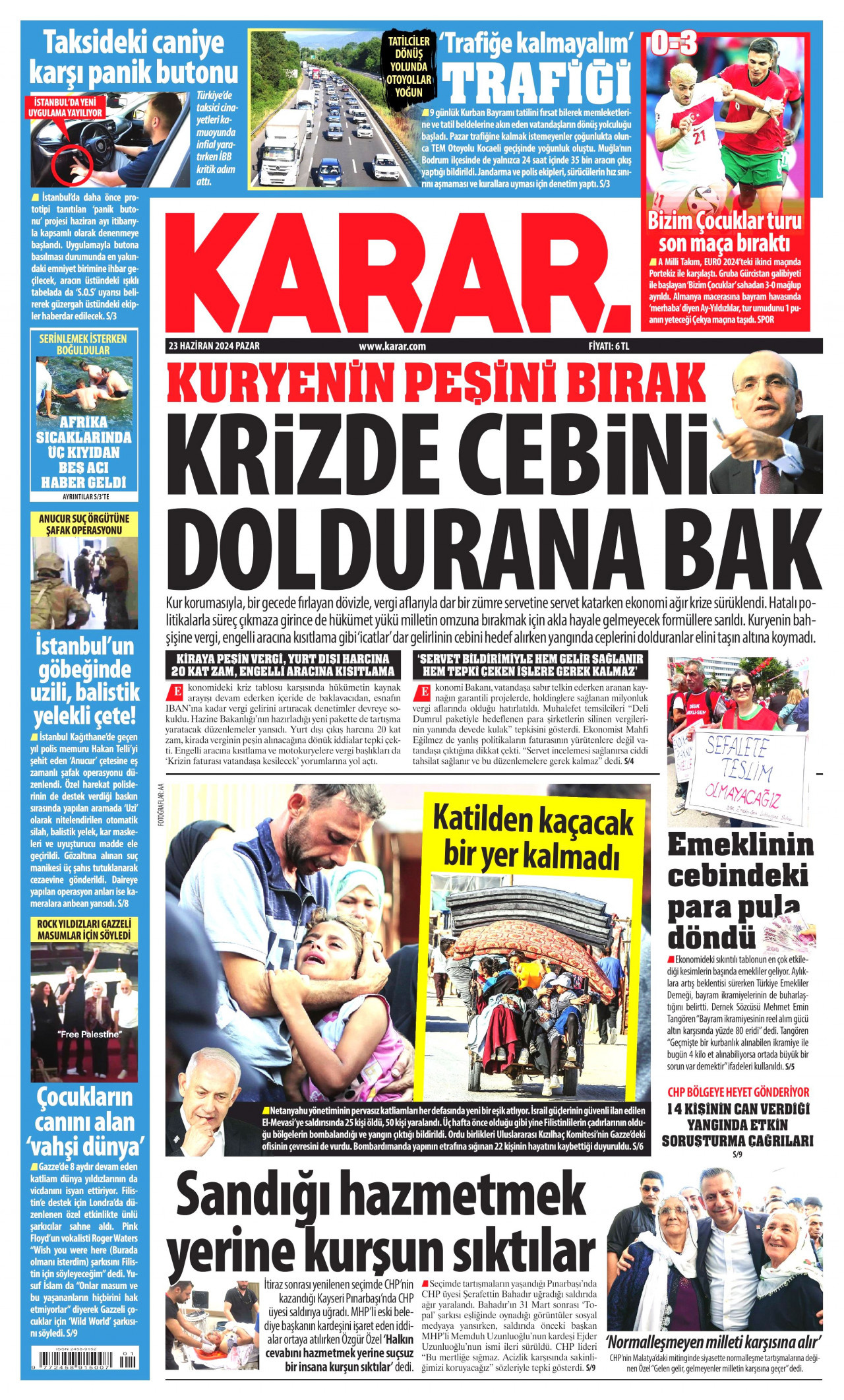 KARAR gazetesinin 23 Haziran 2024 tarihli birinci sayfası