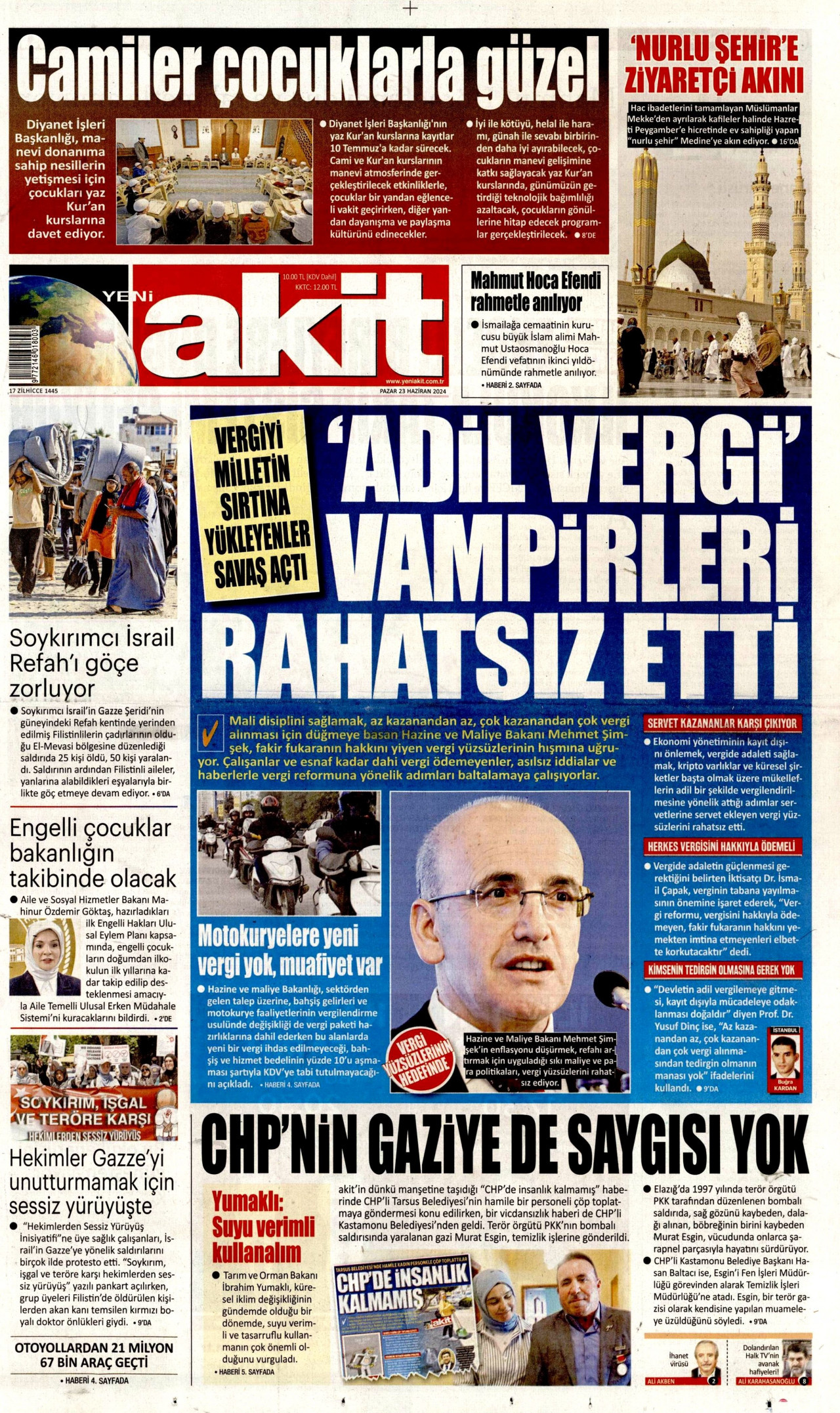 YENİ AKİT gazetesinin 23 Haziran 2024 tarihli birinci sayfası